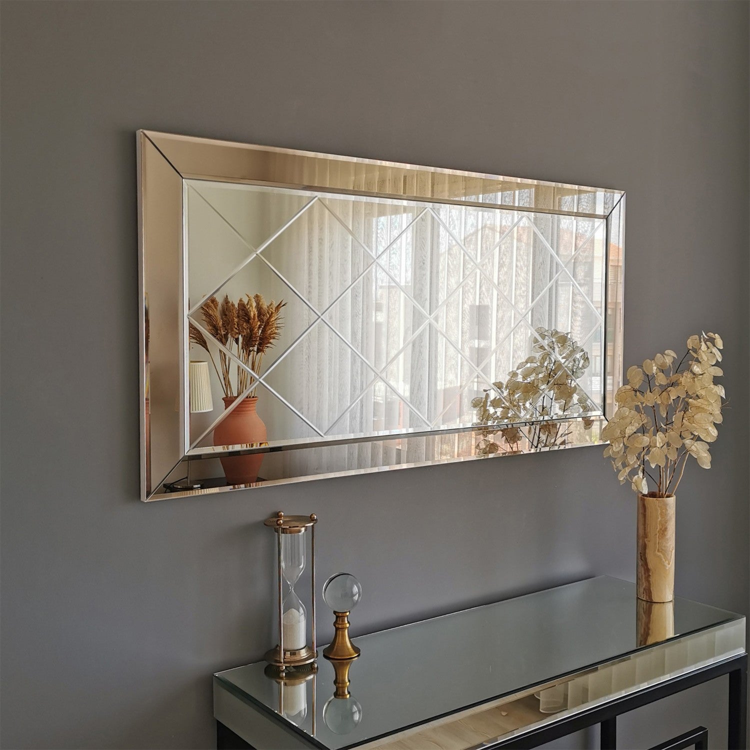 Espelho de parede prateado elegante, 130 x 65 x 2,2 cm | 100% MDF, montado, design inspirado em hotéis | Perfeito para decoração moderna de casas e entradas