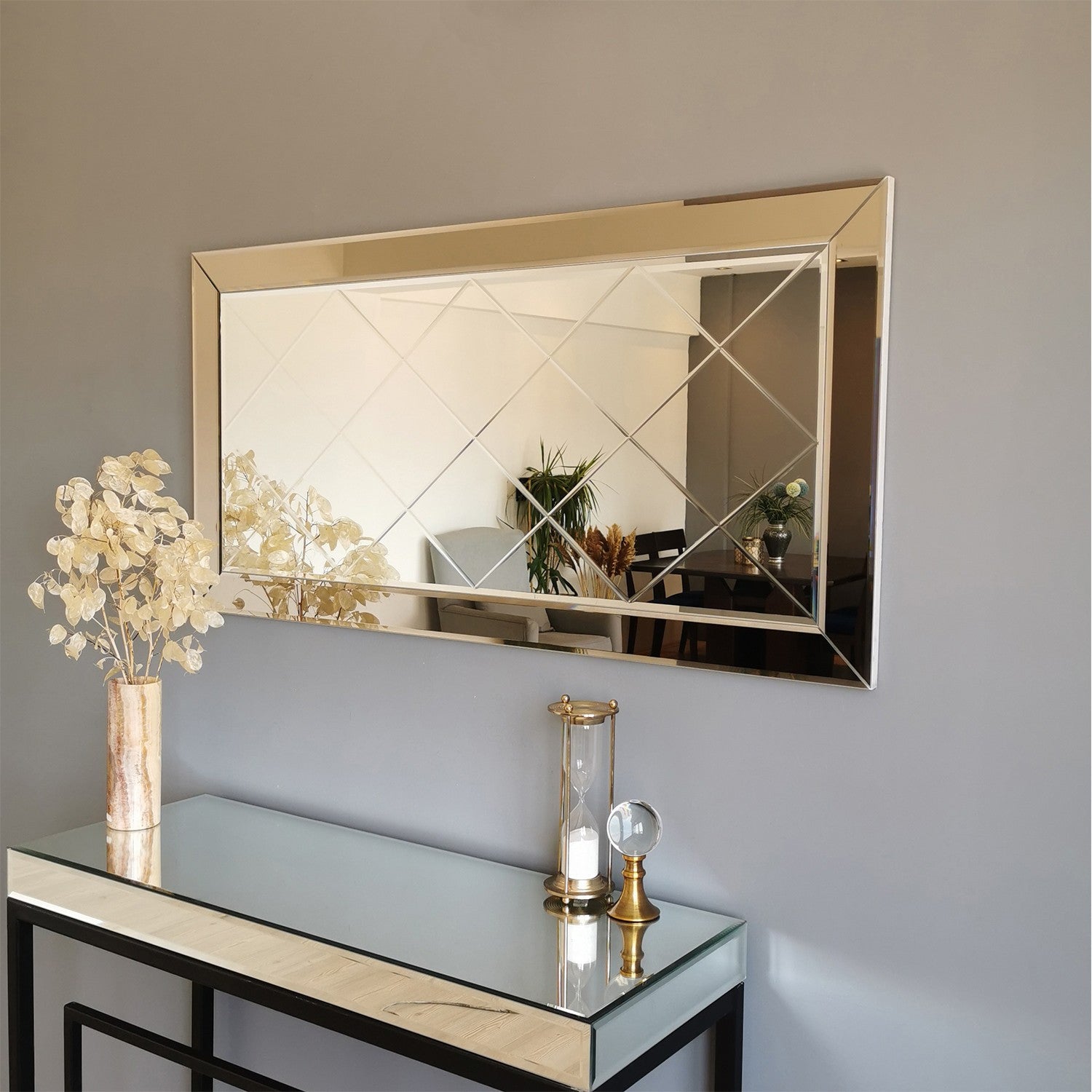 Espelho de parede prateado elegante, 130 x 65 x 2,2 cm | 100% MDF, montado, design inspirado em hotéis | Perfeito para decoração moderna de casas e entradas