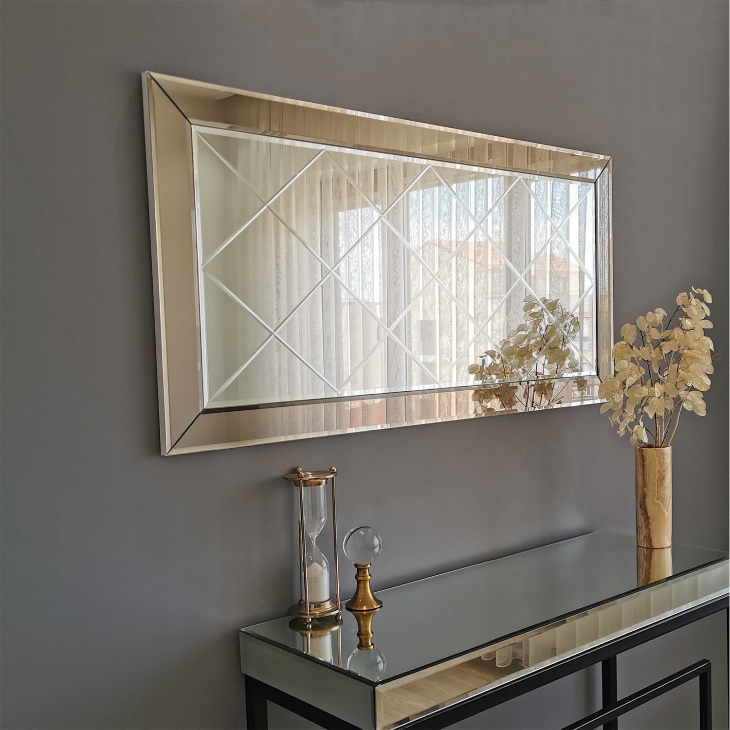 Espelho de parede prateado elegante, 130 x 65 x 2,2 cm | 100% MDF, montado, design inspirado em hotéis | Perfeito para decoração moderna de casas e entradas