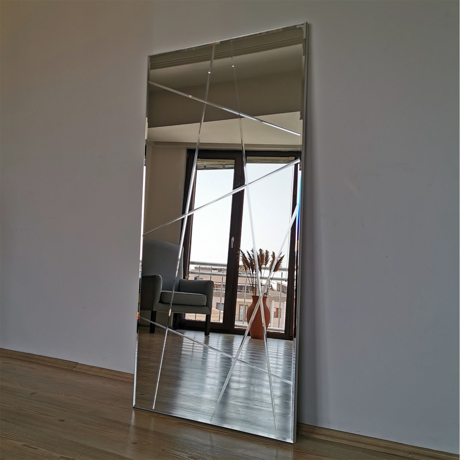 Espelho de parede prateado elegante, 62 x 130 cm, 100% MDF, 2,2 cm de espessura | Montado e pronto para pendurar | Perfeito para decoração moderna de hotéis e residências