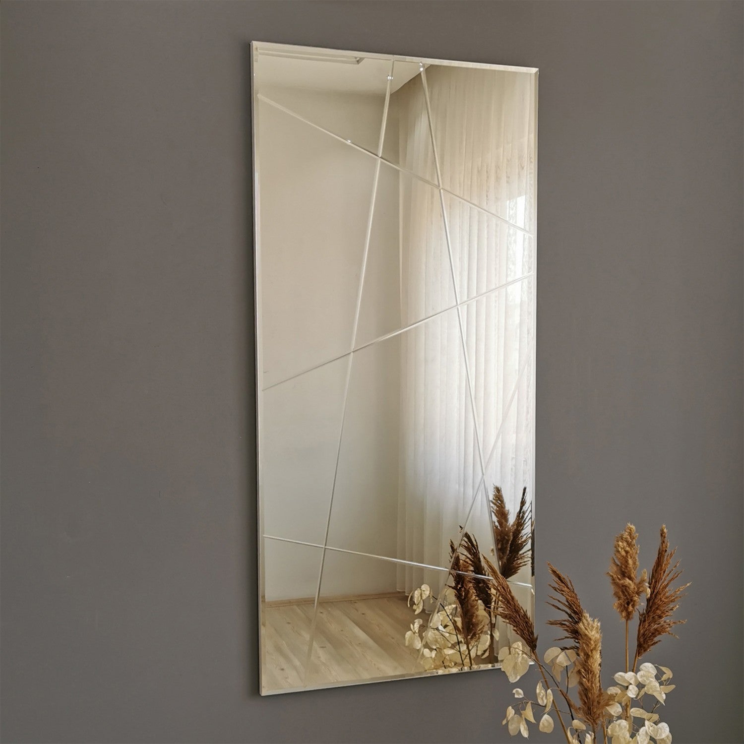 Espelho de parede prateado elegante, 62 x 130 cm, 100% MDF, 2,2 cm de espessura | Montado e pronto para pendurar | Perfeito para decoração moderna de hotéis e residências