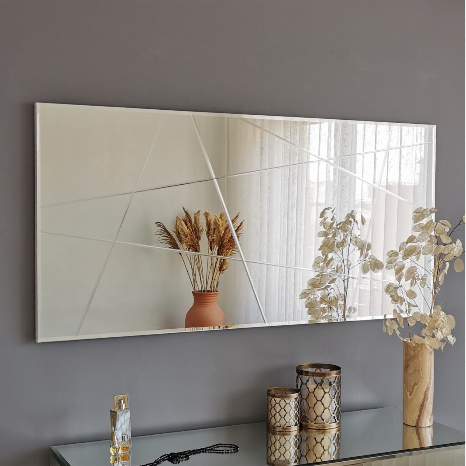 Espelho de parede prateado elegante, 130 x 62 x 2,2 cm | 100% MDF, montado, design estilo hotel | Perfeito para decoração moderna e espaços elegantes