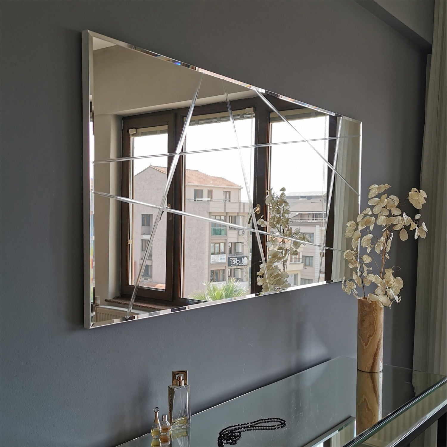Espelho de parede prateado elegante, 130 x 62 x 2,2 cm | 100% MDF, montado, design estilo hotel | Perfeito para decoração moderna e espaços elegantes