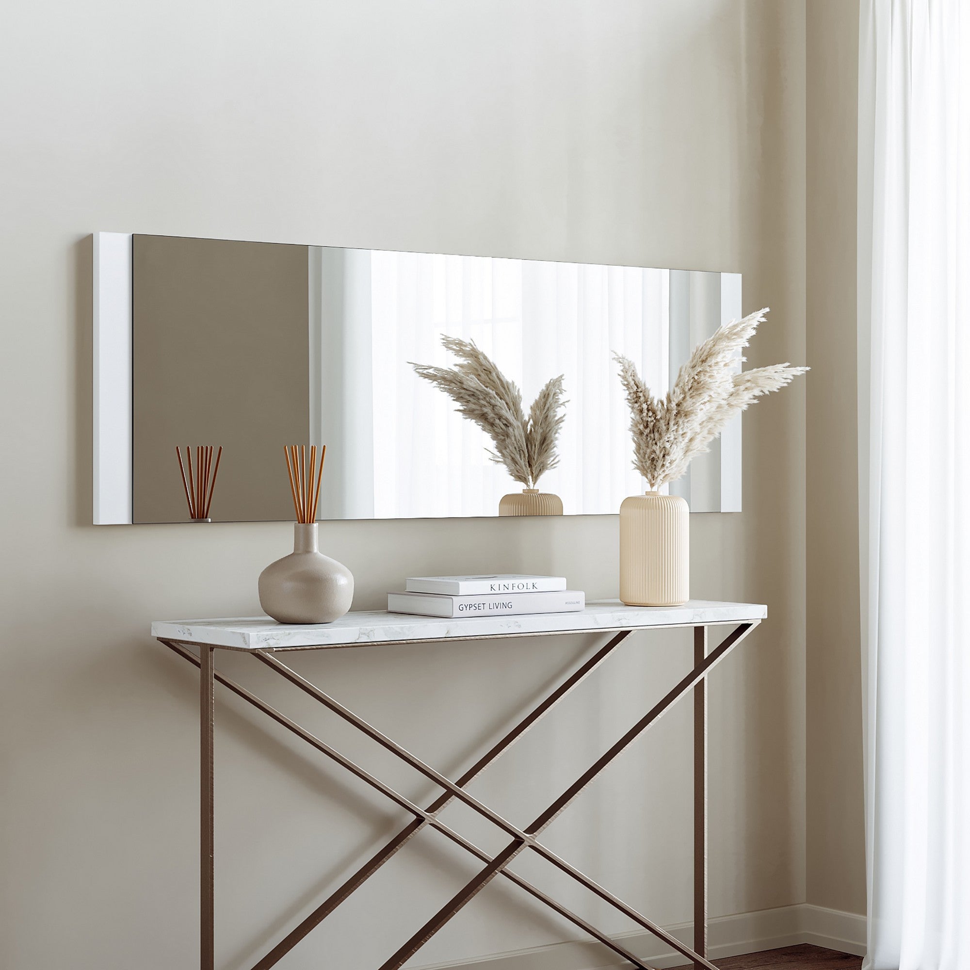 Espelho de parede branco moderno, 120 x 40 x 2,2 cm | 100% MDF, montado, ajustável horizontal e verticalmente | Perfeito para decoração escandinava e hoteleira