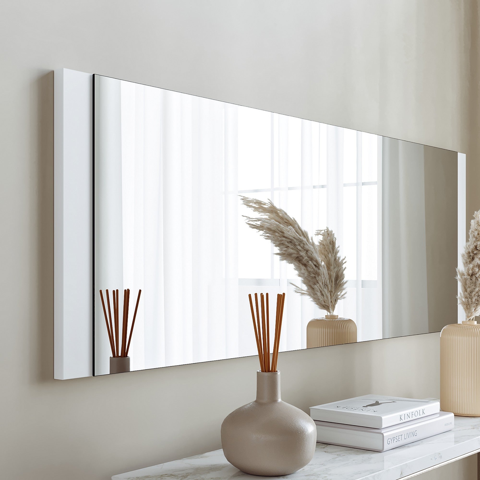 Espelho de parede branco moderno, 120 x 40 x 2,2 cm | 100% MDF, montado, ajustável horizontal e verticalmente | Perfeito para decoração escandinava e hoteleira