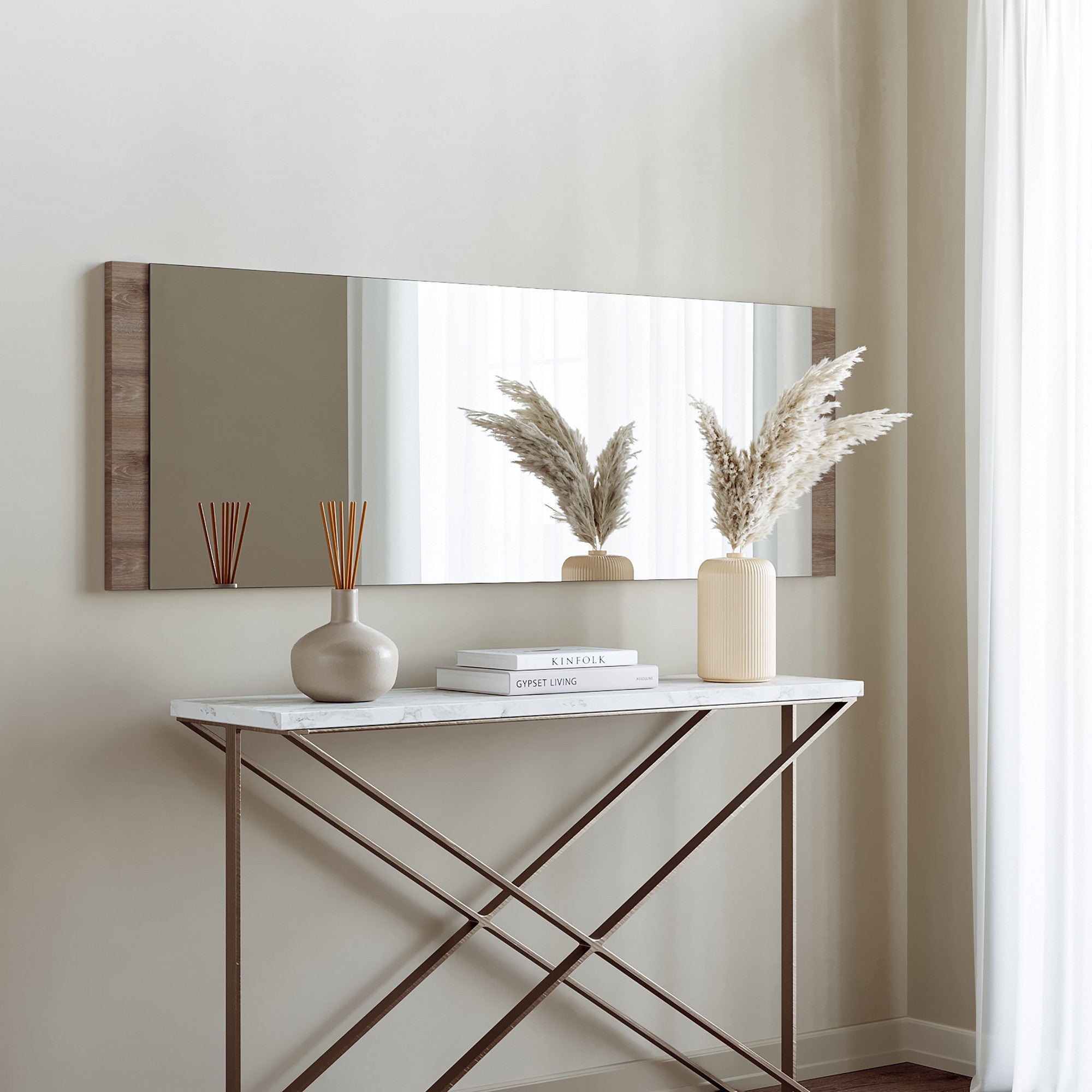 Espelho de parede moderno em nogueira, 120 x 40 x 2,2 cm | 100% MDF, montado, ajustável horizontal e verticalmente | Perfeito para decoração escandinava e hoteleira