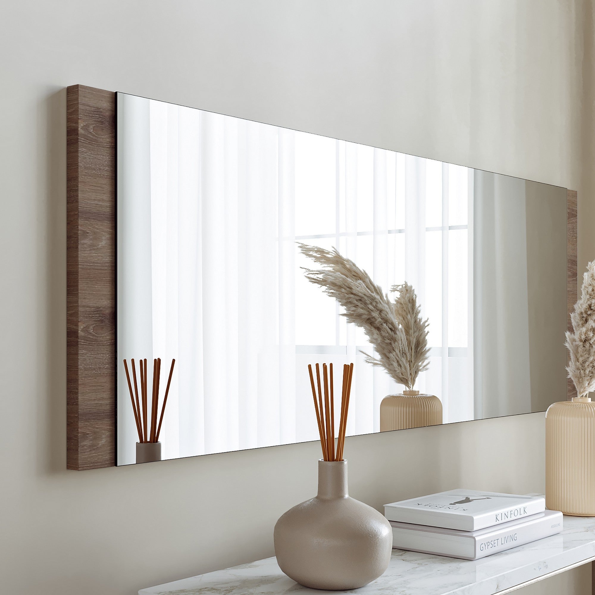 Espelho de parede moderno em nogueira, 120 x 40 x 2,2 cm | 100% MDF, montado, ajustável horizontal e verticalmente | Perfeito para decoração escandinava e hoteleira