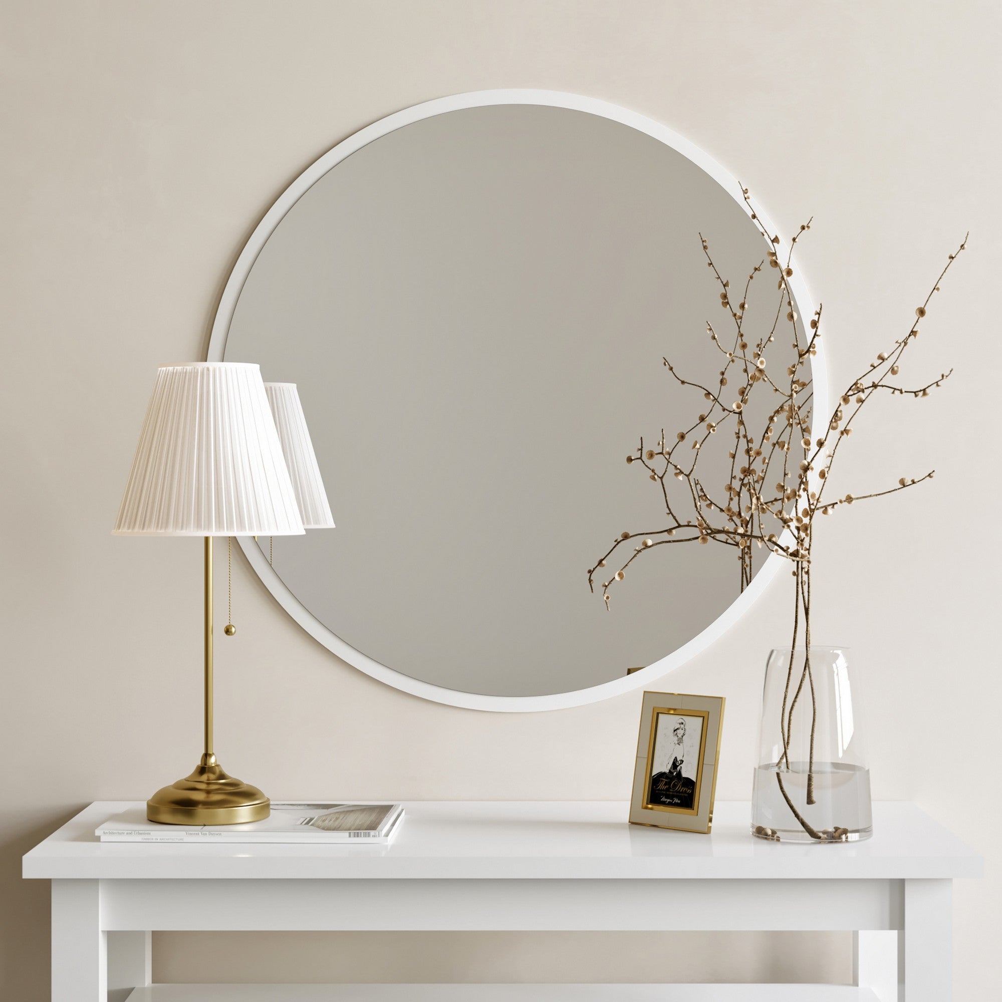 Espelho de parede branco moderno, 60 x 60 cm, 100% MDF, 2,2 cm de espessura | Montado e pronto para pendurar | Perfeito para decoração escandinava e hoteleira
