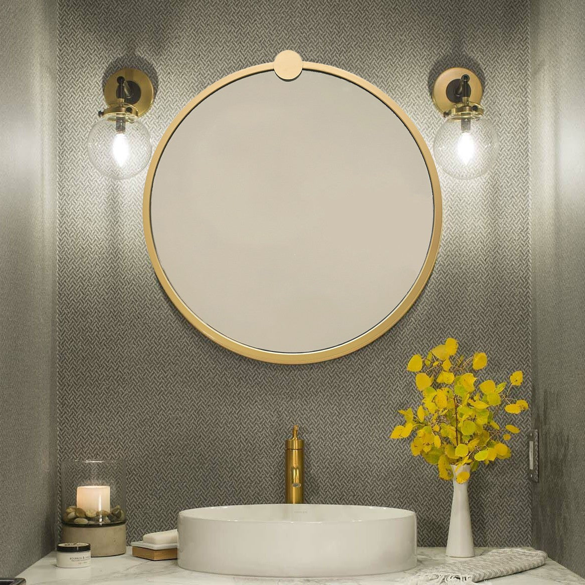 Espelho de parede dourado elegante, 60 x 60 cm, 100% metal, 2,2 cm de profundidade | Design moderno e glamouroso, perfeito para decoração de hotéis e escandinava | Montado e pronto para pendurar