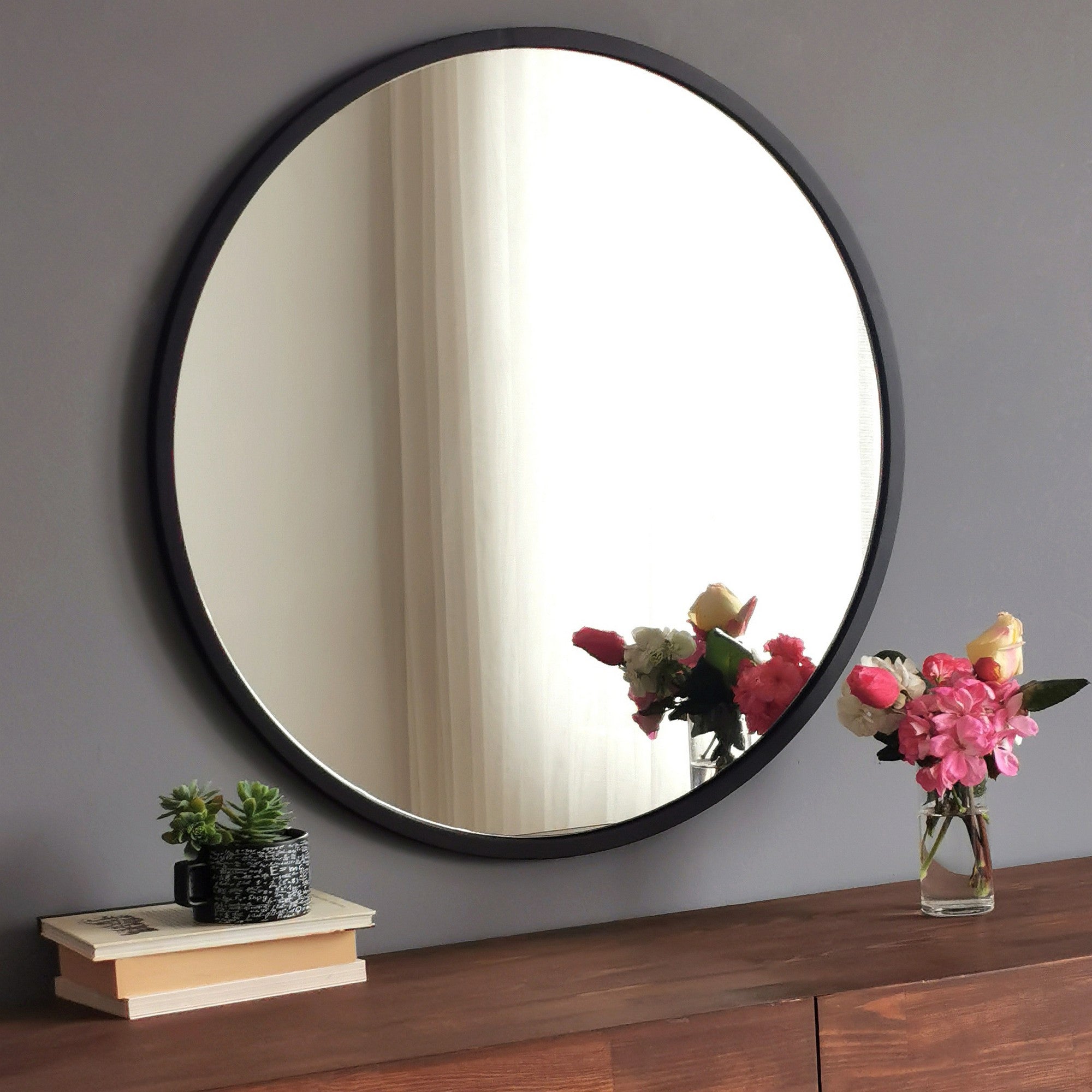 Espelho de parede preto moderno, 60 x 60 cm, 100% metal, 2,2 cm de profundidade | Montado e pronto para pendurar | Perfeito para decoração escandinava e hoteleira