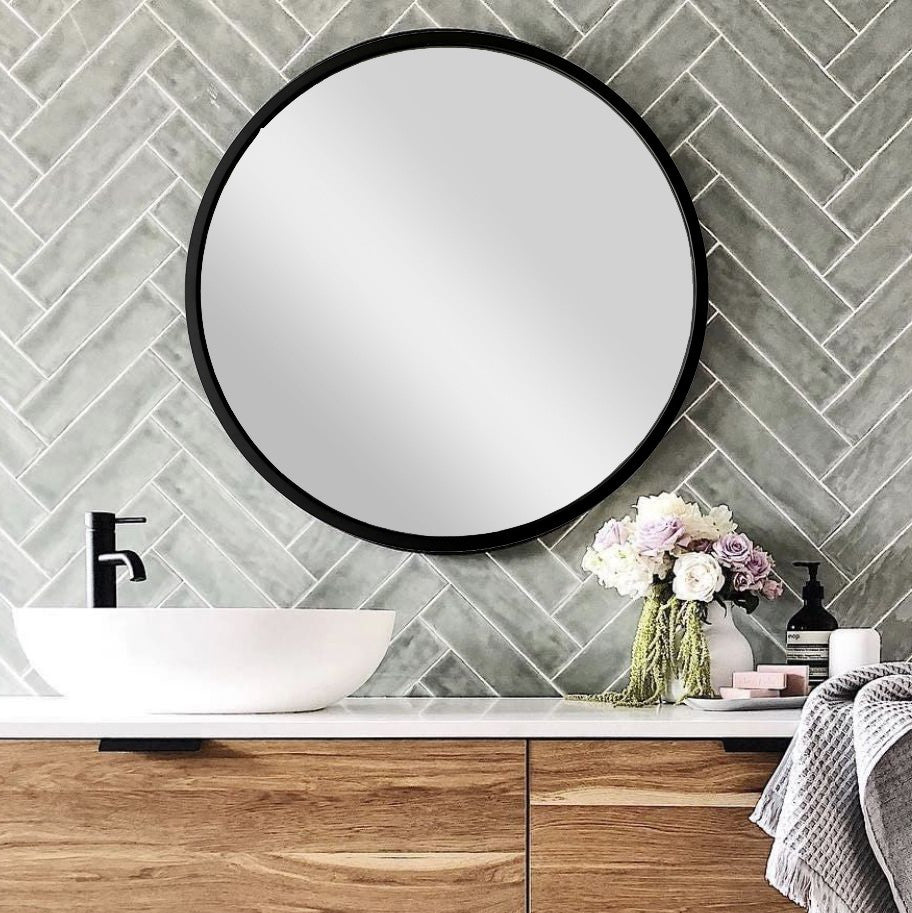 Espelho de parede preto moderno, 60 x 60 cm, 100% metal, 2,2 cm de profundidade | Montado e pronto para pendurar | Perfeito para decoração escandinava e hoteleira