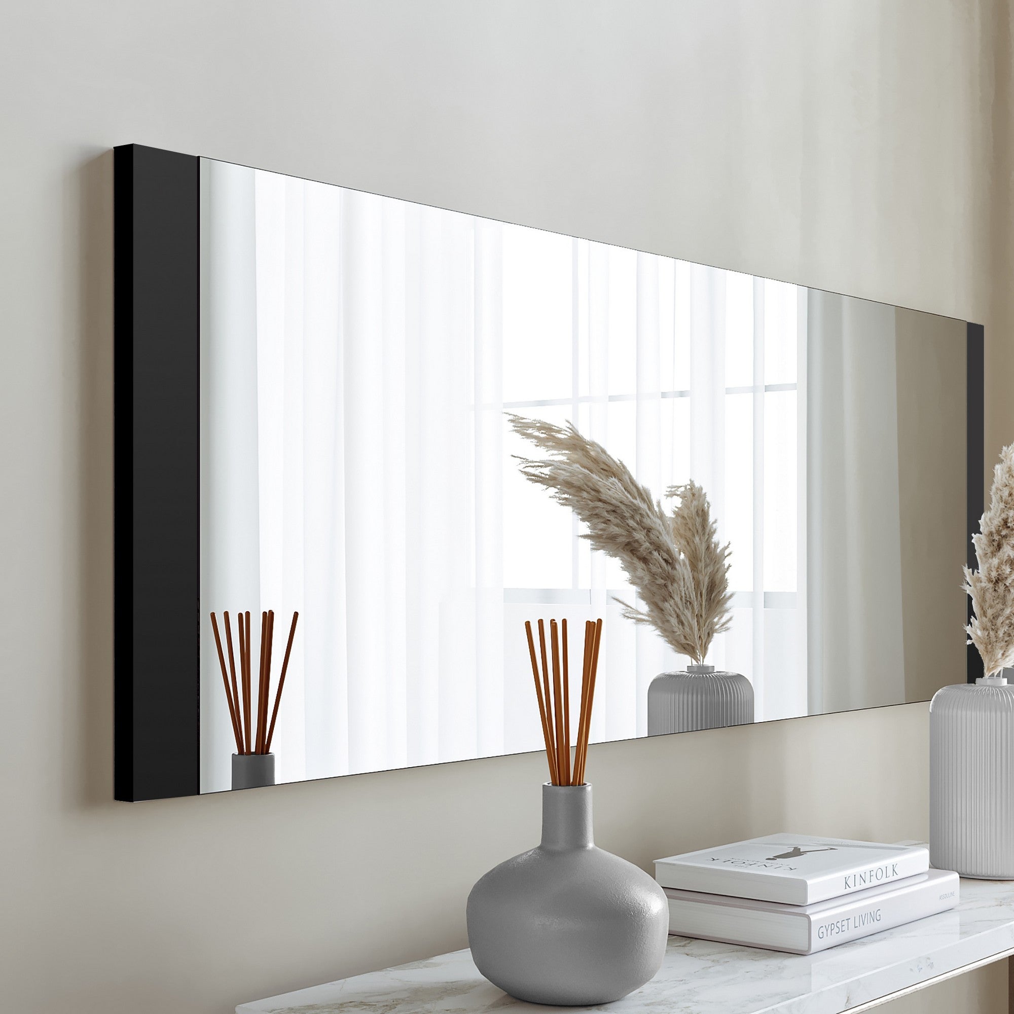 Espelho de parede preto elegante, 120 x 40 x 2,2 cm | 100% MDF, montado, ajustável horizontal e verticalmente | Perfeito para decoração moderna de hotéis e residências