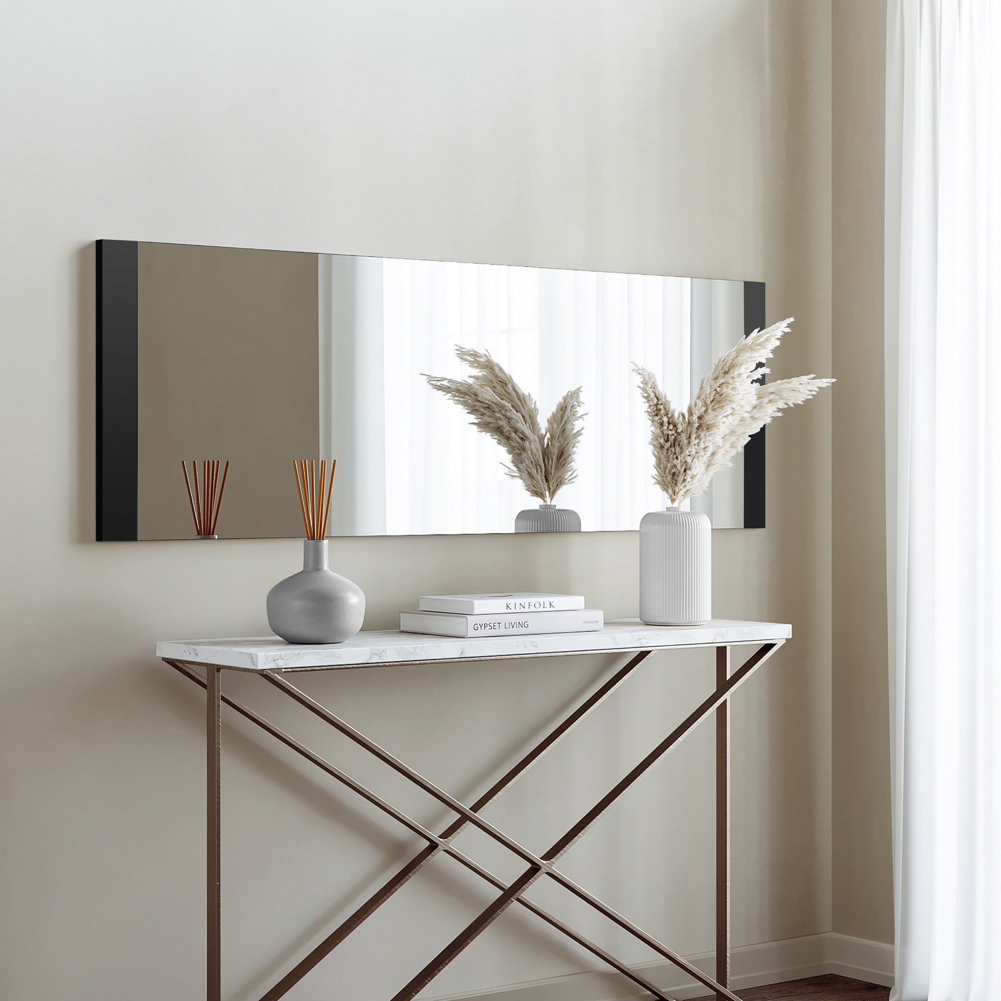 Espelho de parede preto elegante, 120 x 40 x 2,2 cm | 100% MDF, montado, ajustável horizontal e verticalmente | Perfeito para decoração moderna de hotéis e residências
