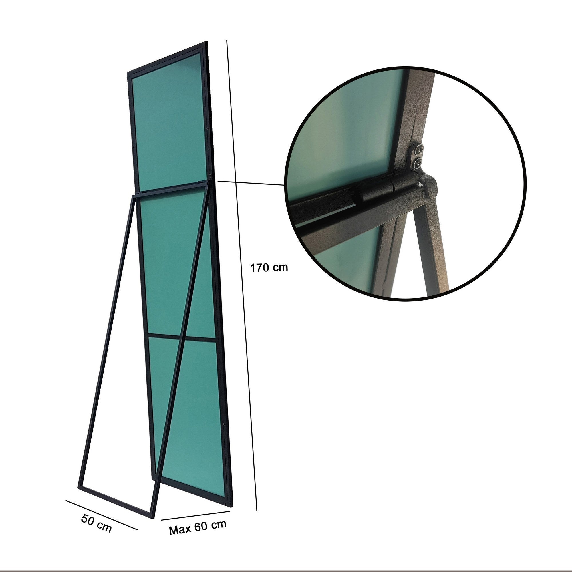 Espelho Cheval Elegante com Moldura de Metal, 50 cm x 170 cm | Acabamento Preto, Montável na Parede, Inclui Prateleiras | Perfeito para Decoração Moderna de Hotéis e Casas