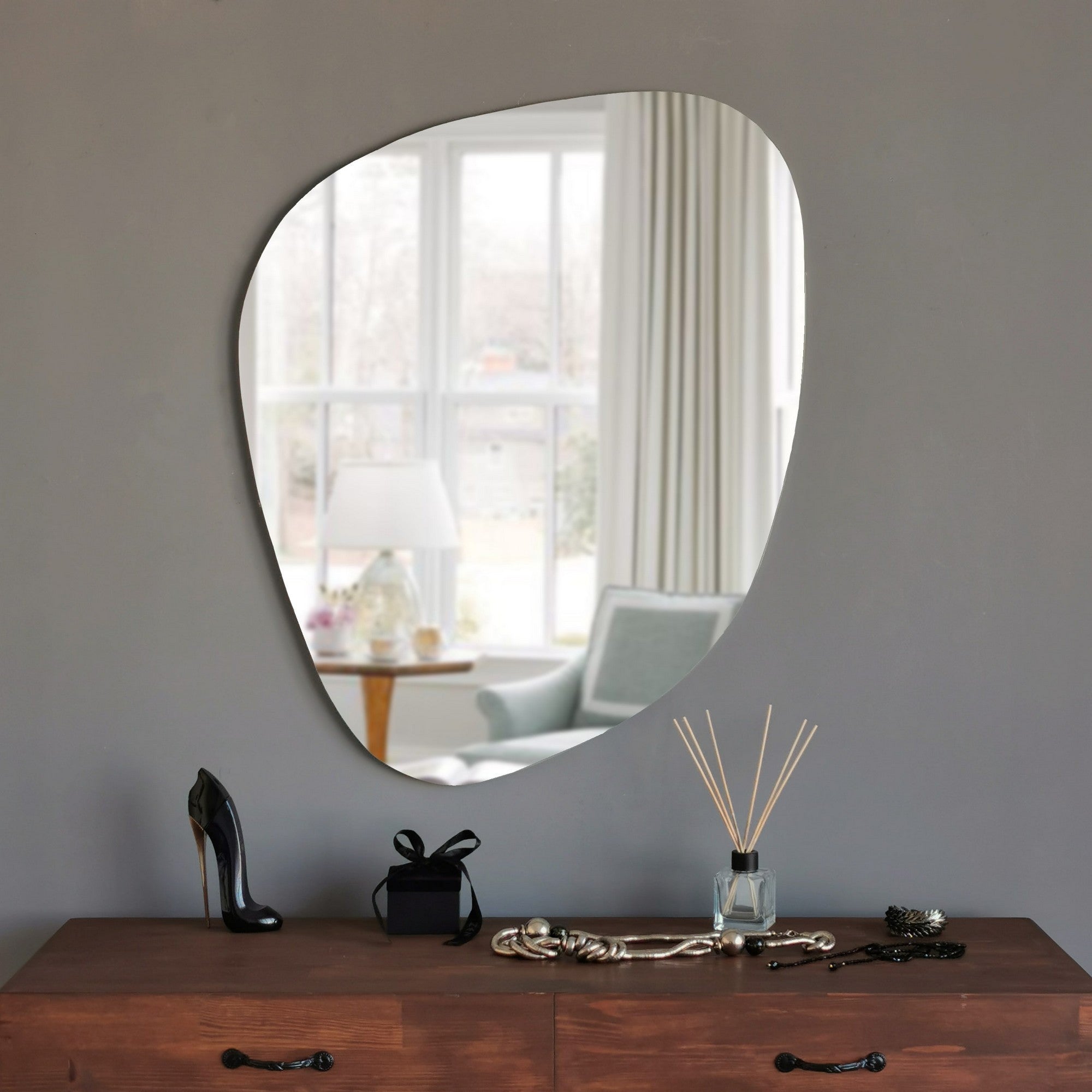 Espelho de parede moderno, 75 x 58 x 2,2 cm, MDF branco | Montado, design escandinavo | Perfeito para hotéis e espaços contemporâneos