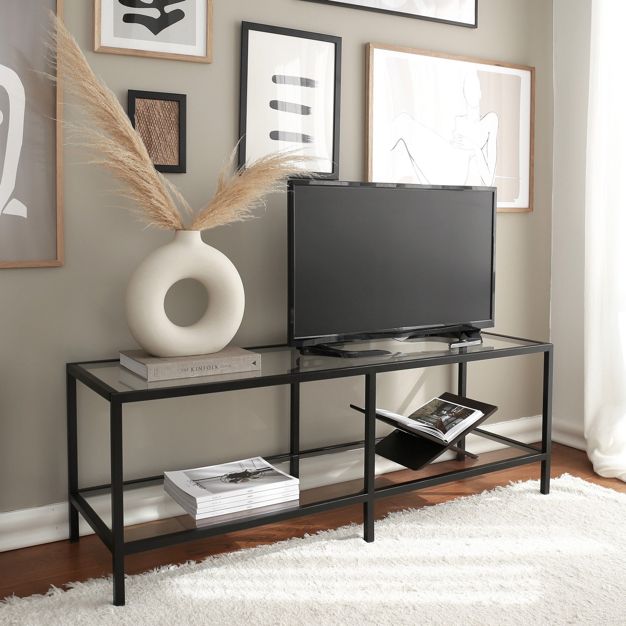 Suporte de TV moderno com estrutura de vidro temperado 100% e metal, preto fosco, 130 x 45 x 40 cm | Montável na parede, várias prateleiras, design industrial