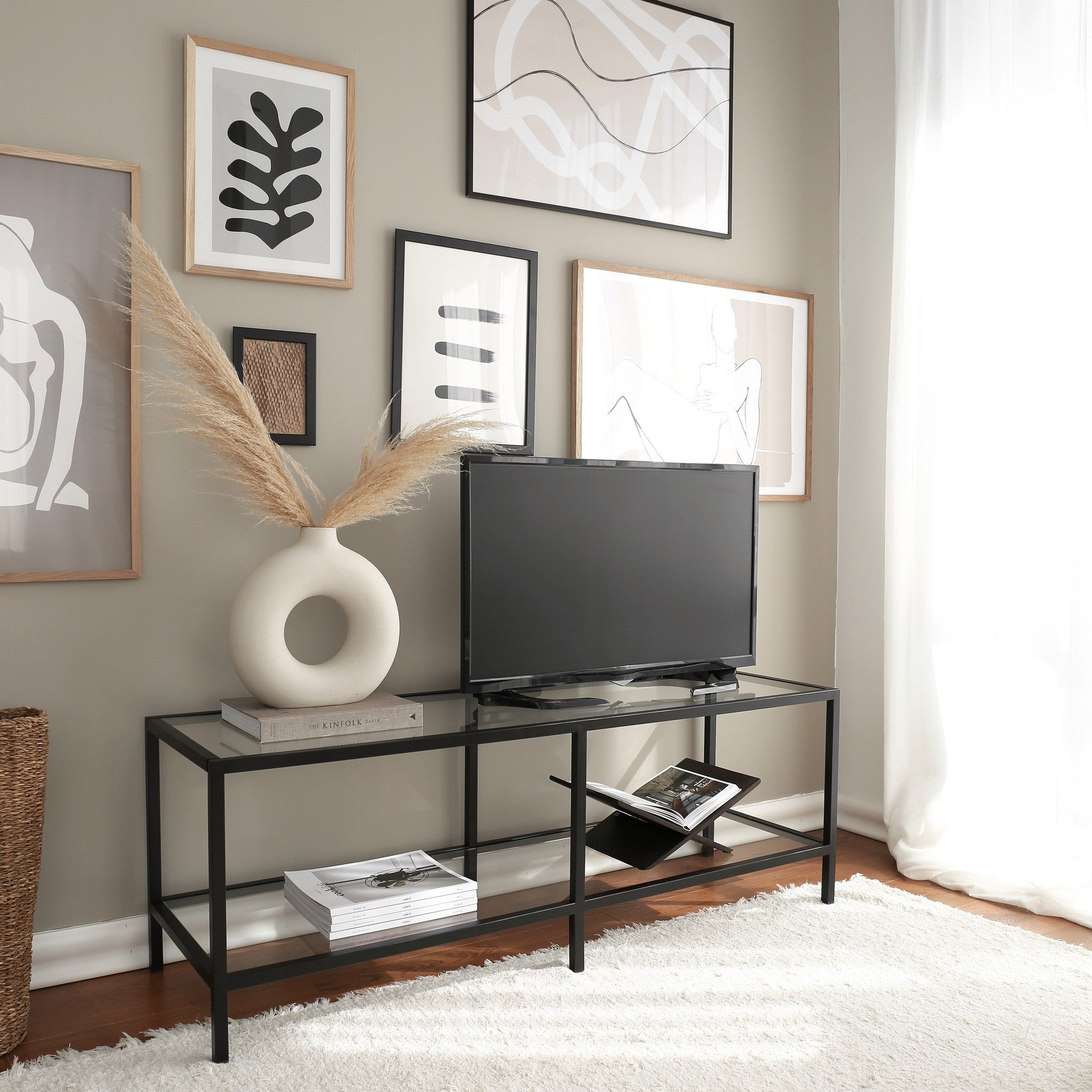 Suporte de TV moderno com estrutura de vidro temperado 100% e metal, preto fosco, 130 x 45 x 40 cm | Montável na parede, várias prateleiras, design industrial