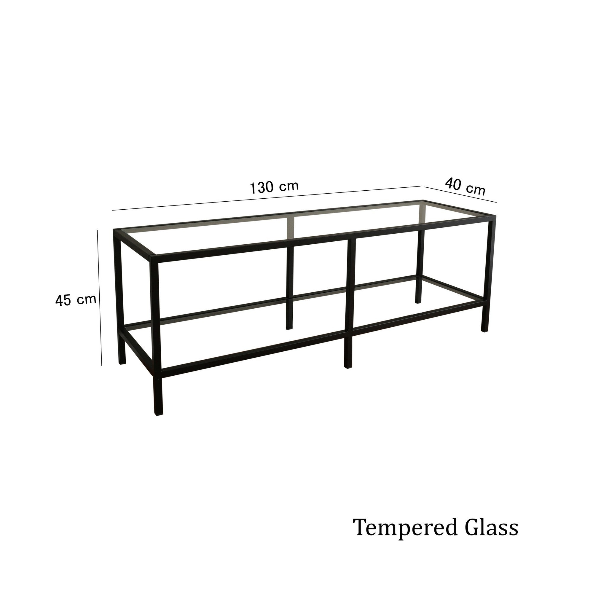 Suporte de TV moderno com estrutura de vidro temperado 100% e metal, preto fosco, 130 x 45 x 40 cm | Montável na parede, várias prateleiras, design industrial