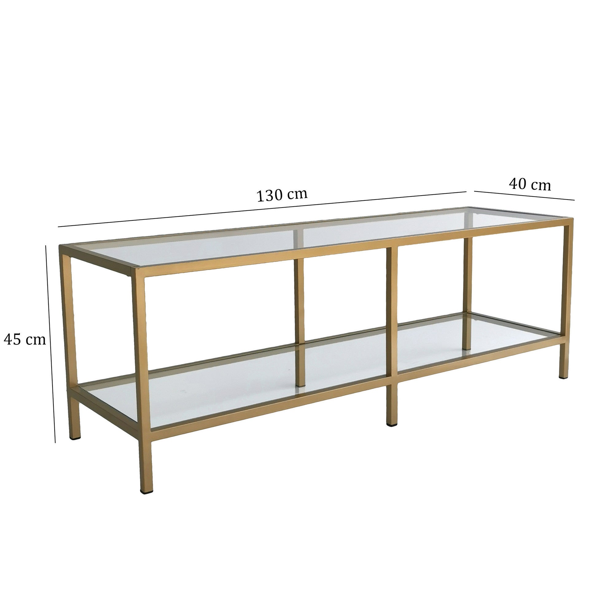 Suporte de TV moderno dourado, 130 cm | Estrutura 100% em vidro temperado e metal, 4 mm de espessura | Montável na parede com várias prateleiras | Design glamoroso para salas de estar elegantes