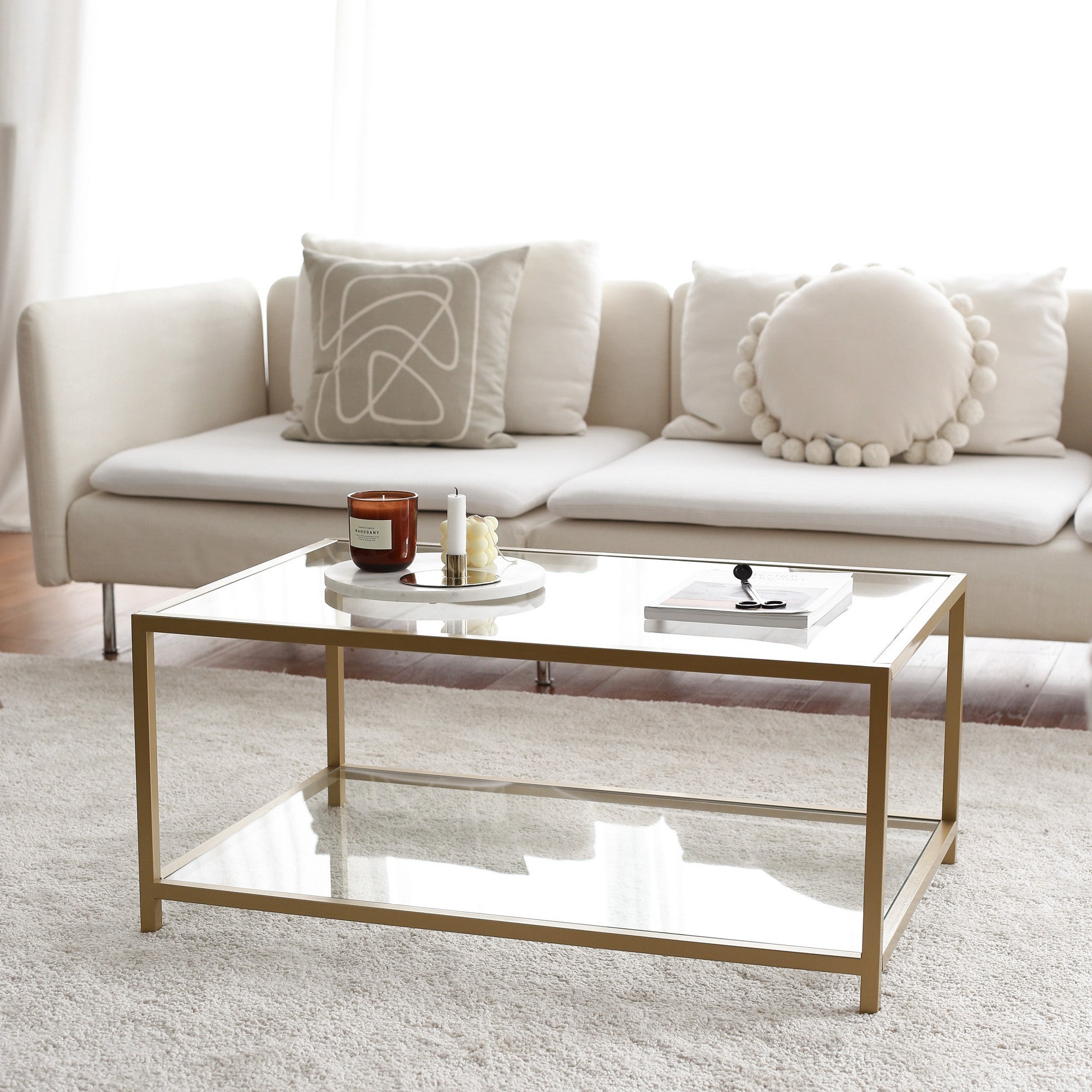 Mesa de Centro Moderna em Ouro, 90 x 60 x 40 cm | 100% Vidro Temperado (4 mm) e Estrutura em Metal | Design Glamouroso para Salas de Estar Elegantes