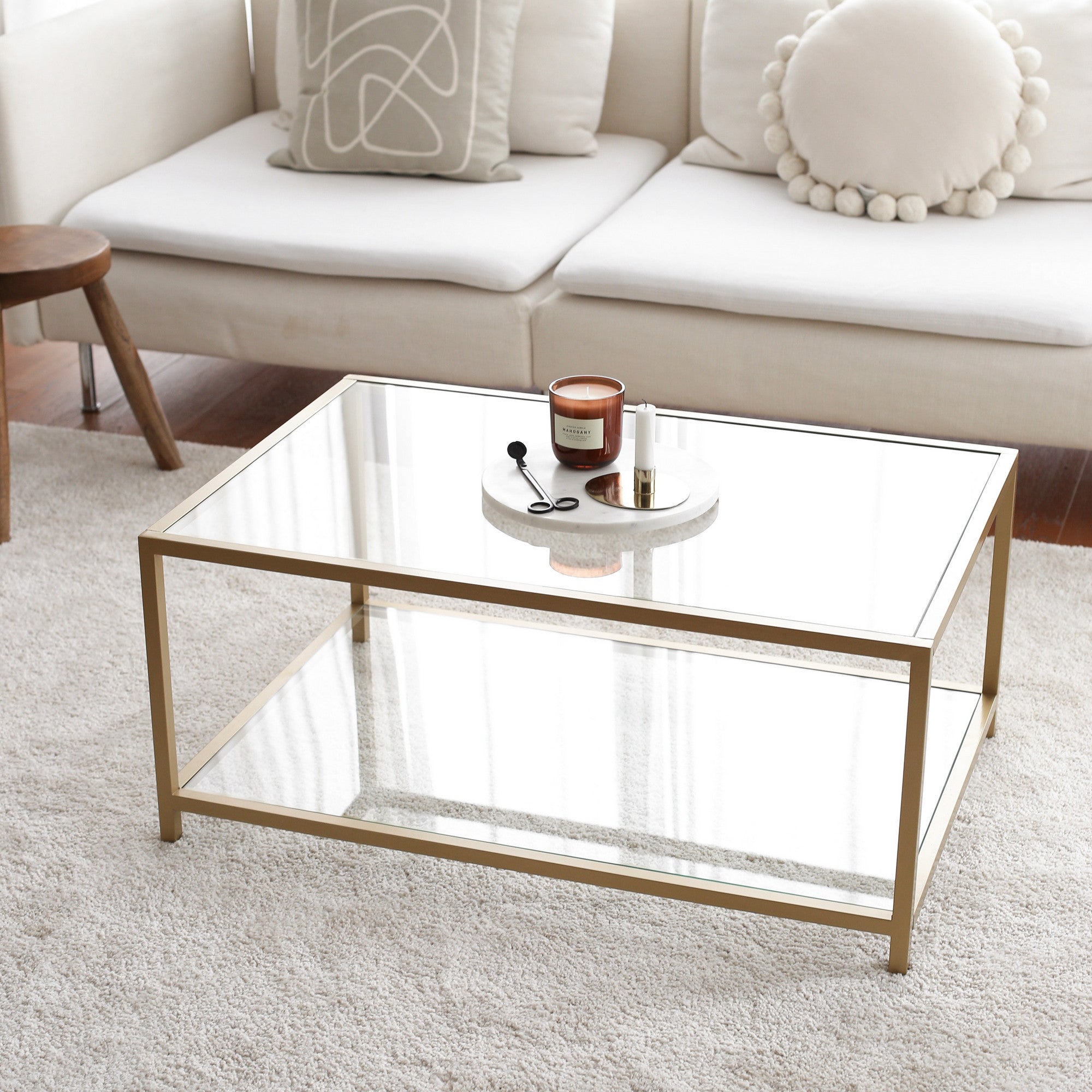 Mesa de Centro Moderna em Ouro, 90 x 60 x 40 cm | 100% Vidro Temperado (4 mm) e Estrutura em Metal | Design Glamouroso para Salas de Estar Elegantes