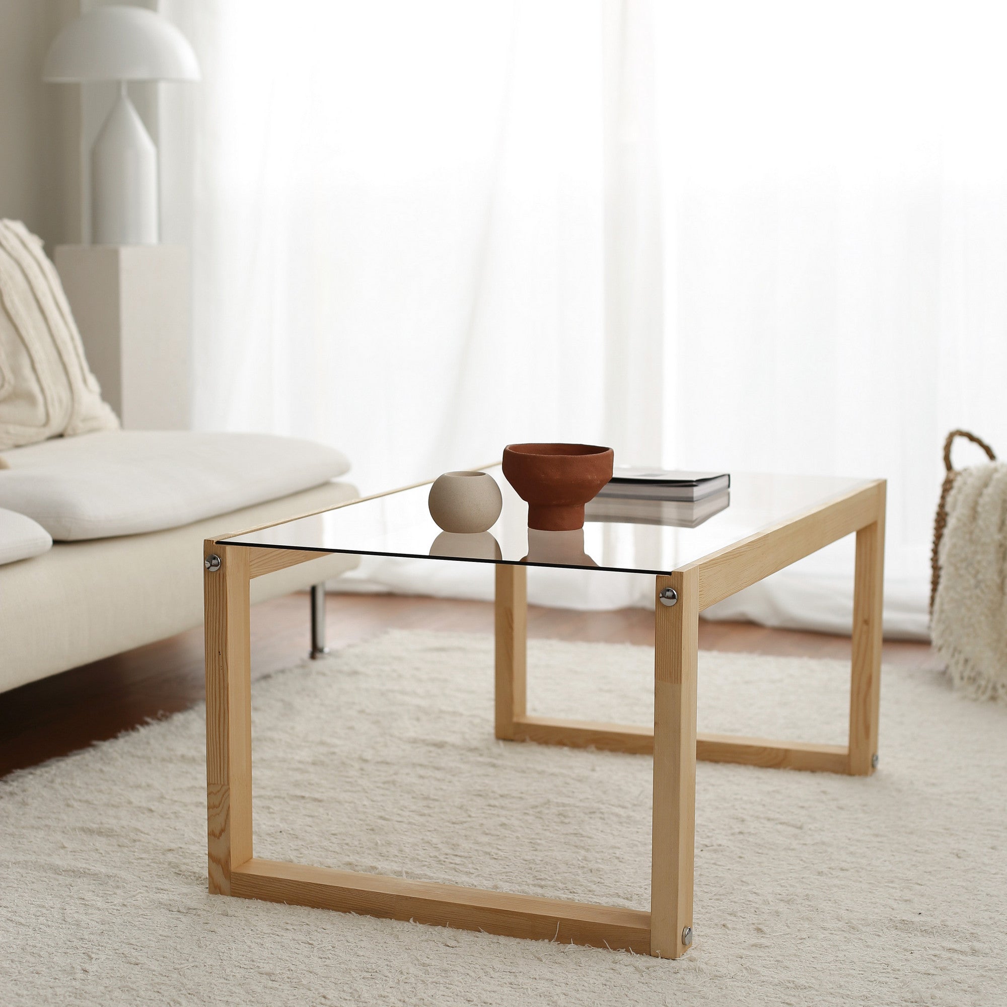 Mesa de Centro Moderna, 100% Madeira Maciça de Pinho e Vidro Temperado, 85 x 55 x 40 cm | Design Rústico Escandinavo, Acabamento Natural, Elegante e Durável