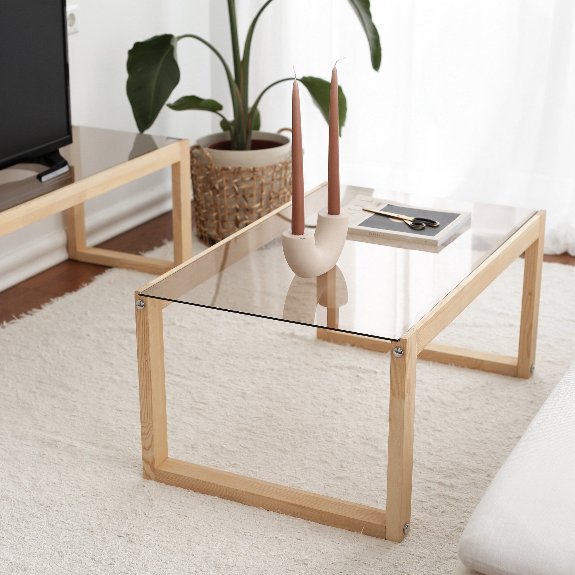Mesa de Centro Moderna, 100% Madeira Maciça de Pinho e Vidro Temperado, 85 x 55 x 40 cm | Design Rústico Escandinavo, Acabamento Natural, Elegante e Durável