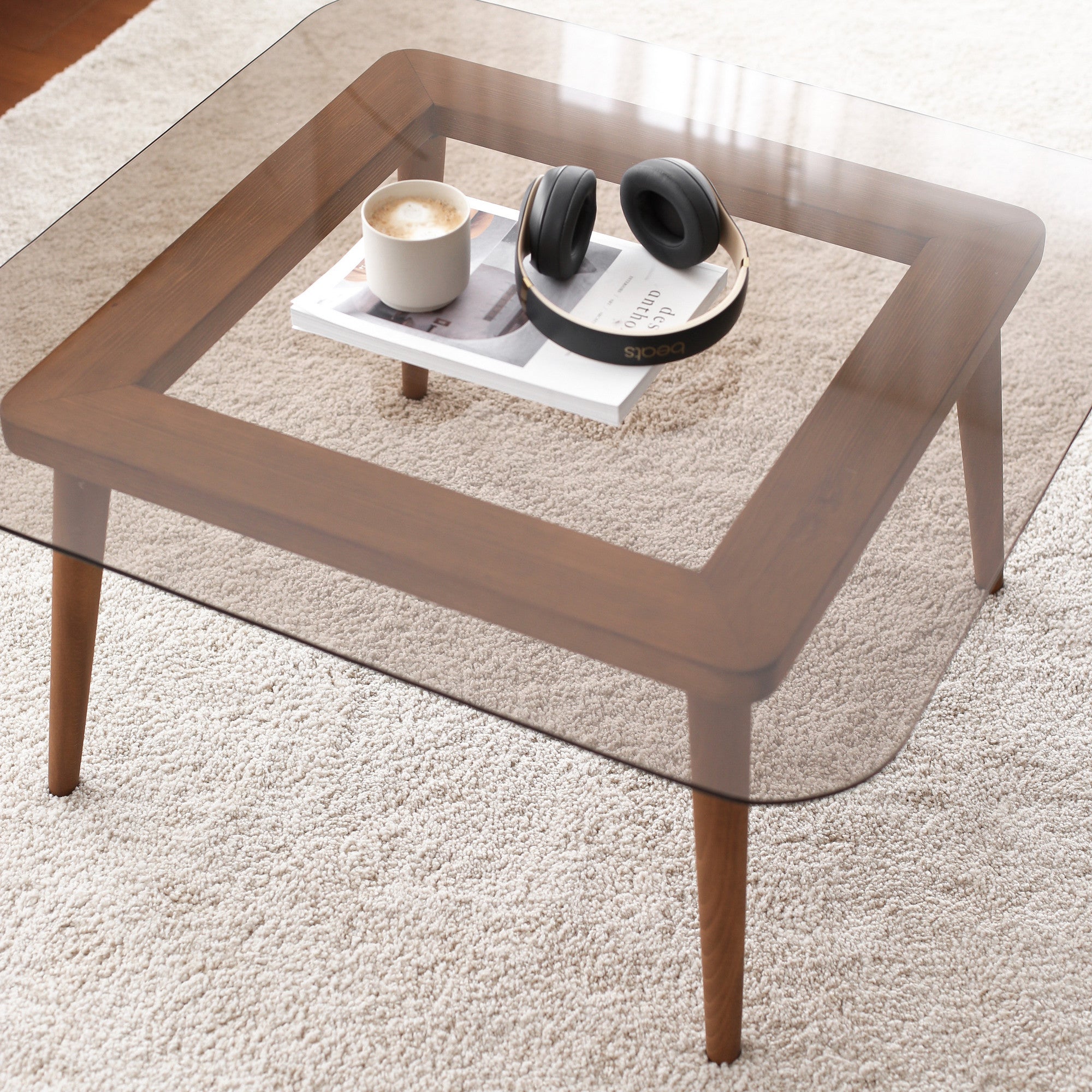 Mesa de centro moderna, 80 cm x 80 cm x 40 cm, 100% madeira maciça de pinho e vidro temperado, acabamento em bronze, design rústico e tradicional americano, montada