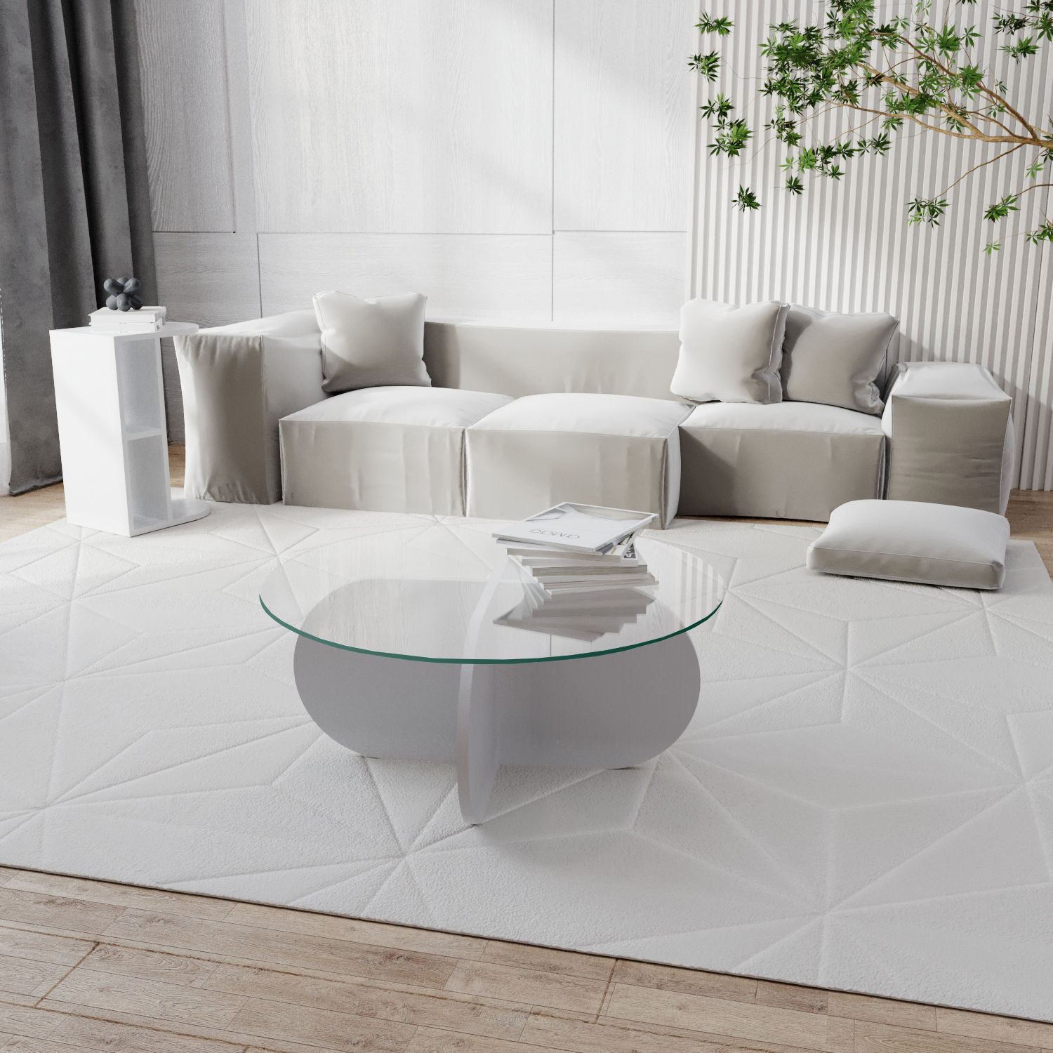 Mesa de Centro Moderna, Branca, 75 x 35 x 75 cm | Tampo 100% Vidro Temperado, 100% Aglomerado Revestido em Melamina, 18 mm de Espessura | Design Elegante e Funcional