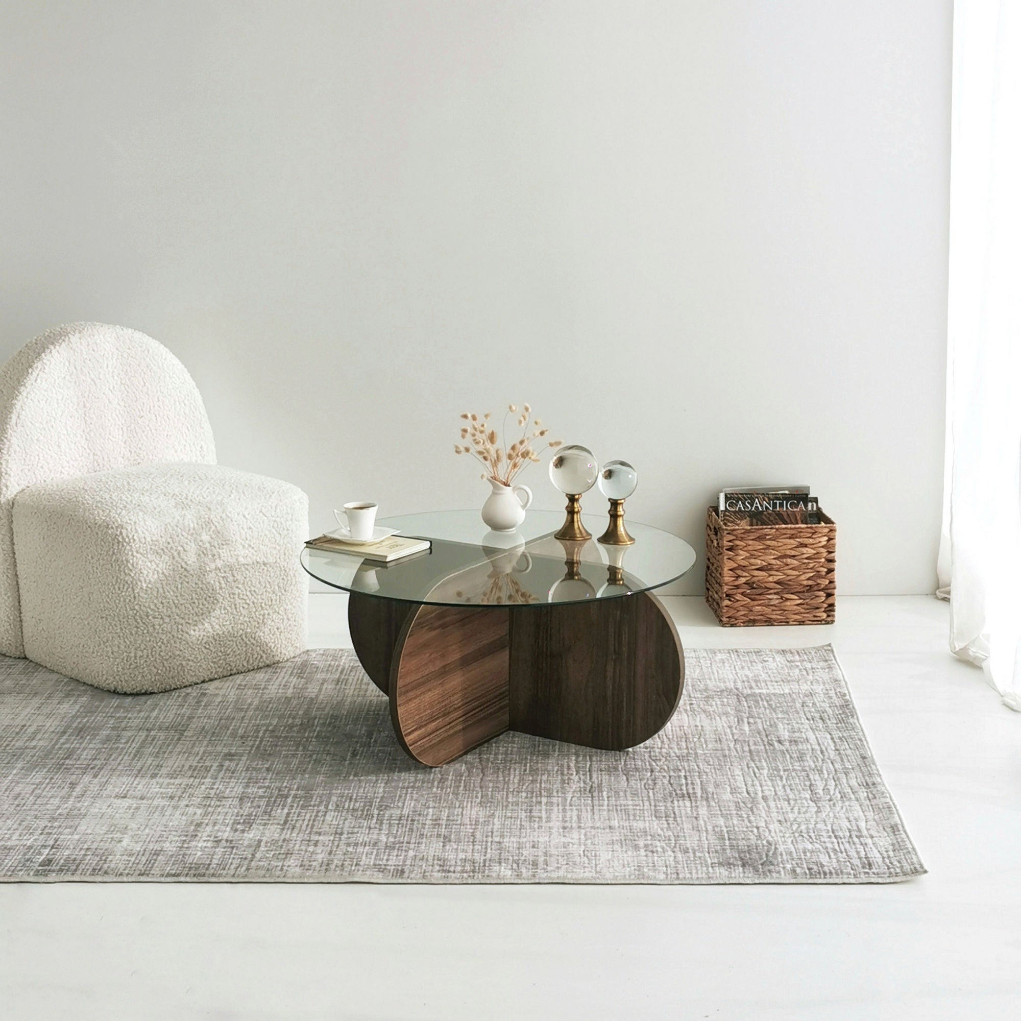Mesa de Centro Moderna, Cor Nogueira, 75 x 35 x 75 cm | Tampo 100% Vidro Temperado, 100% Aglomerado Revestido em Melamina, 18 mm de Espessura | Design Elegante e Funcional