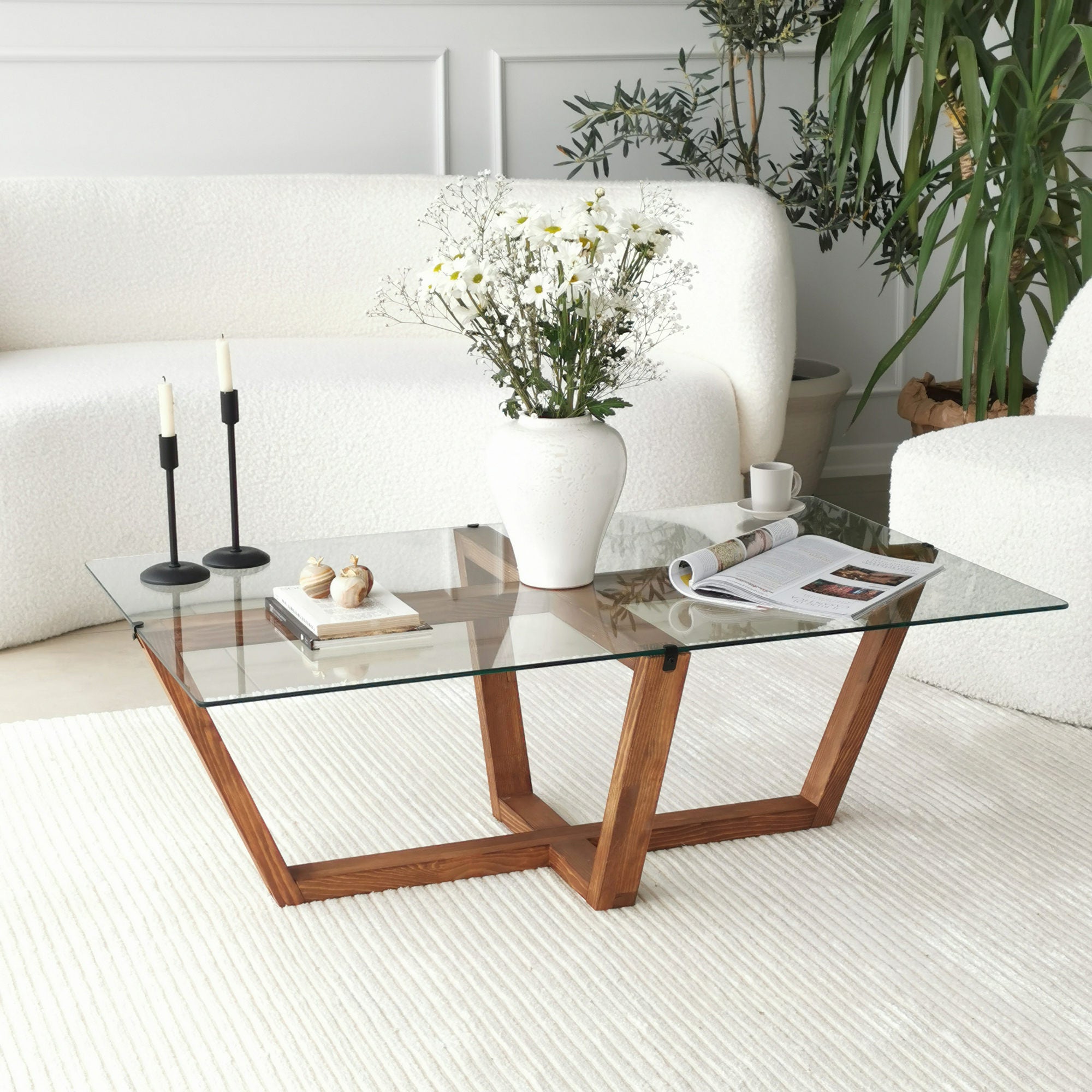 Mesa de Centro Moderna, Cor Nogueira, 105 x 65 x 35 cm | Tampo 100% Vidro Temperado, Estrutura 100% Madeira Maciça de Pinho, Design Elegante e Rústico para Casa