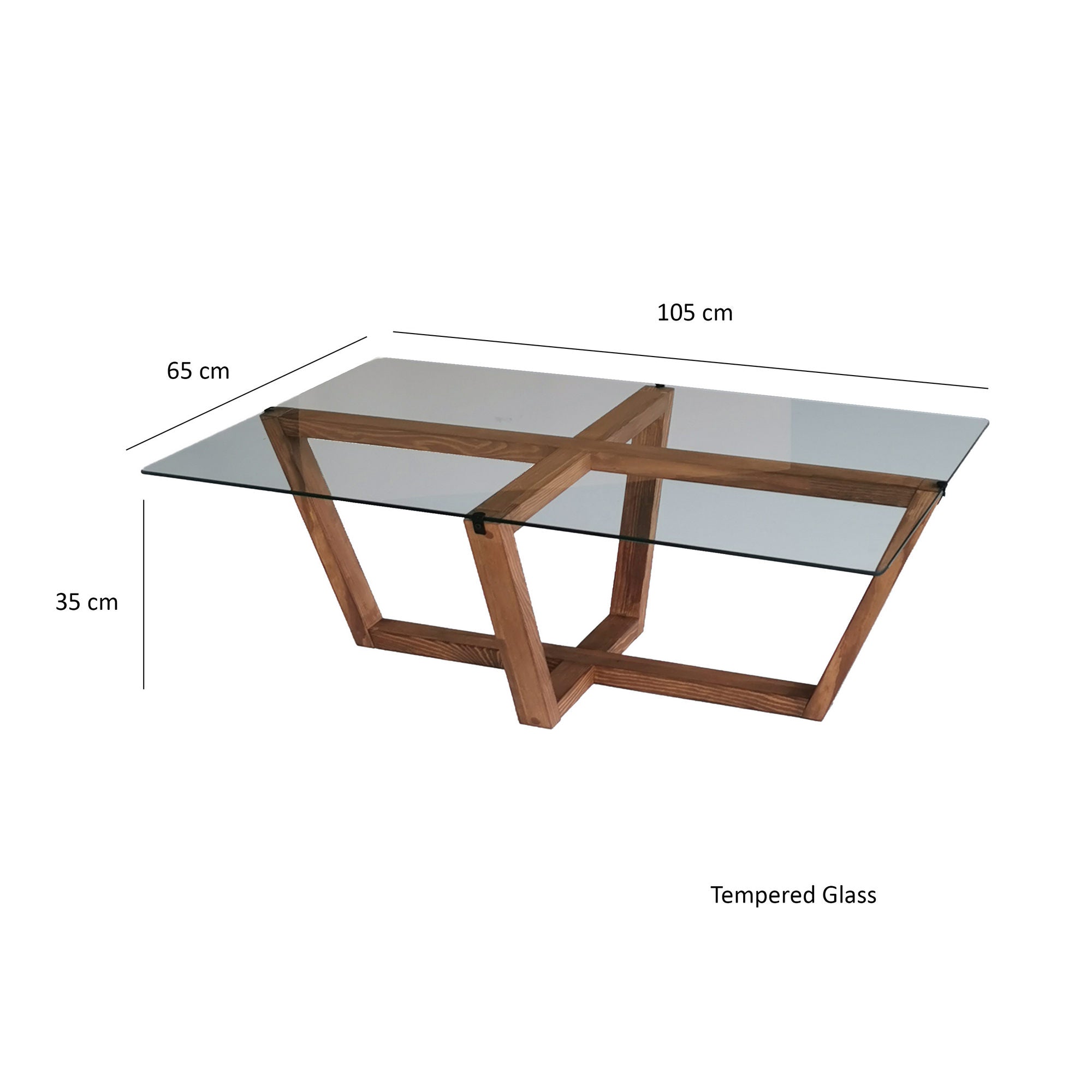 Mesa de Centro Moderna, Cor Nogueira, 105 x 65 x 35 cm | Tampo 100% Vidro Temperado, Estrutura 100% Madeira Maciça de Pinho, Design Elegante e Rústico para Casa