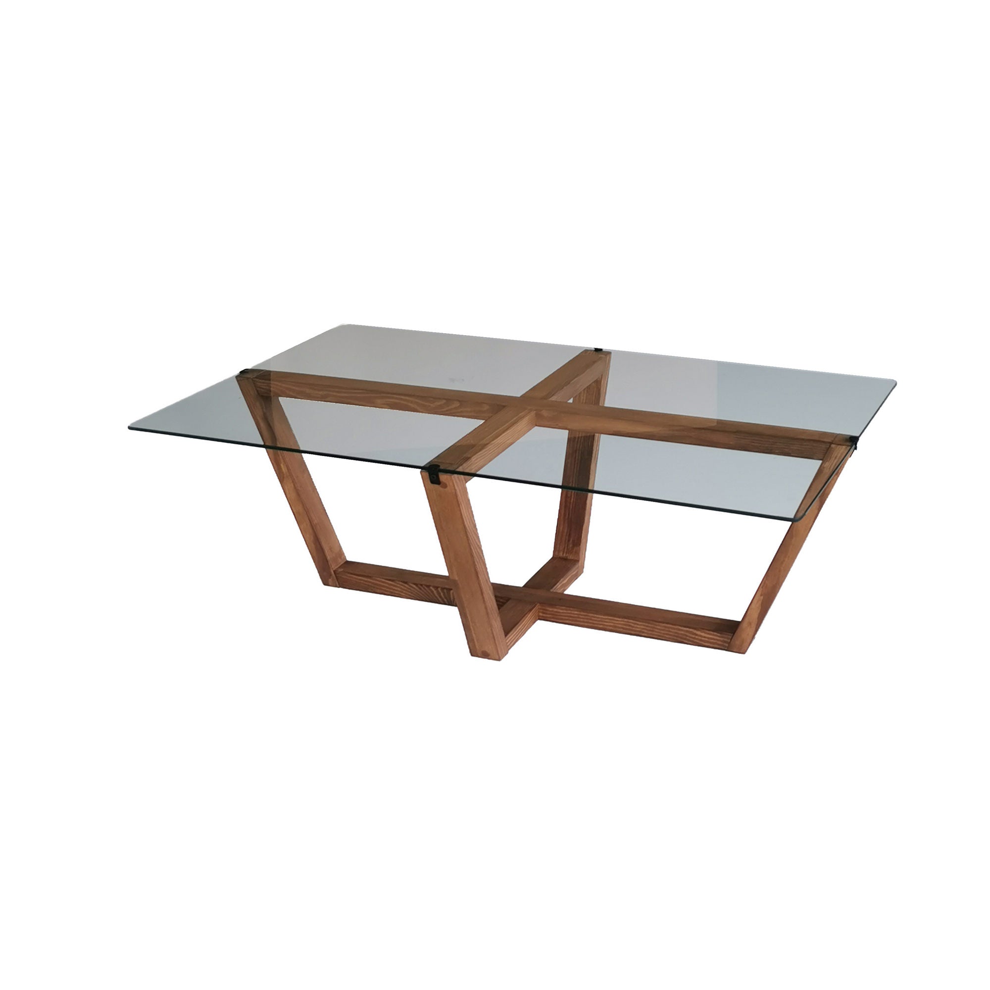 Mesa de Centro Moderna, Cor Nogueira, 105 x 65 x 35 cm | Tampo 100% Vidro Temperado, Estrutura 100% Madeira Maciça de Pinho, Design Elegante e Rústico para Casa