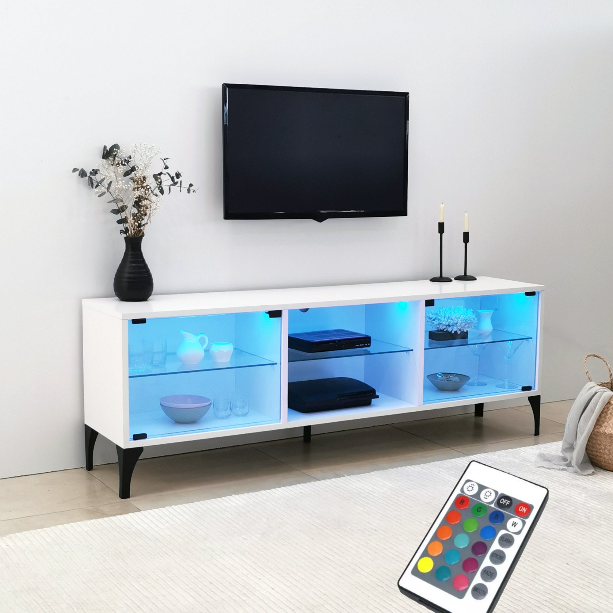 Móvel de TV moderno com iluminação LED e controle remoto, branco, 160 x 55 x 35 cm | 100% vidro temperado e painel de partículas revestido de melamina, 18 mm de espessura