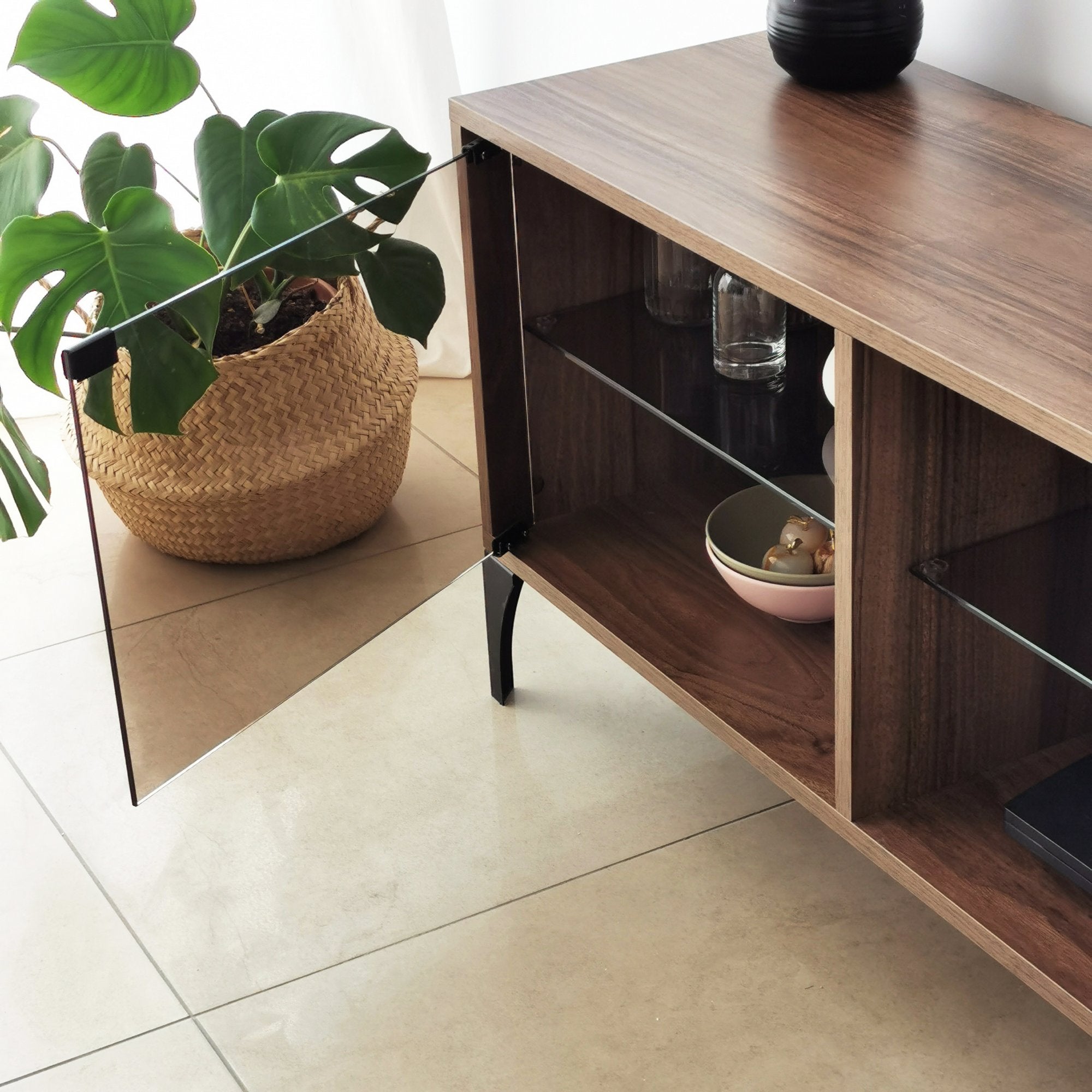 Móvel de TV moderno com iluminação LED e controle remoto, cor nogueira, 160 x 55 x 35 cm | 100% vidro temperado e painel de partículas revestido de melamina, 18 mm de espessura