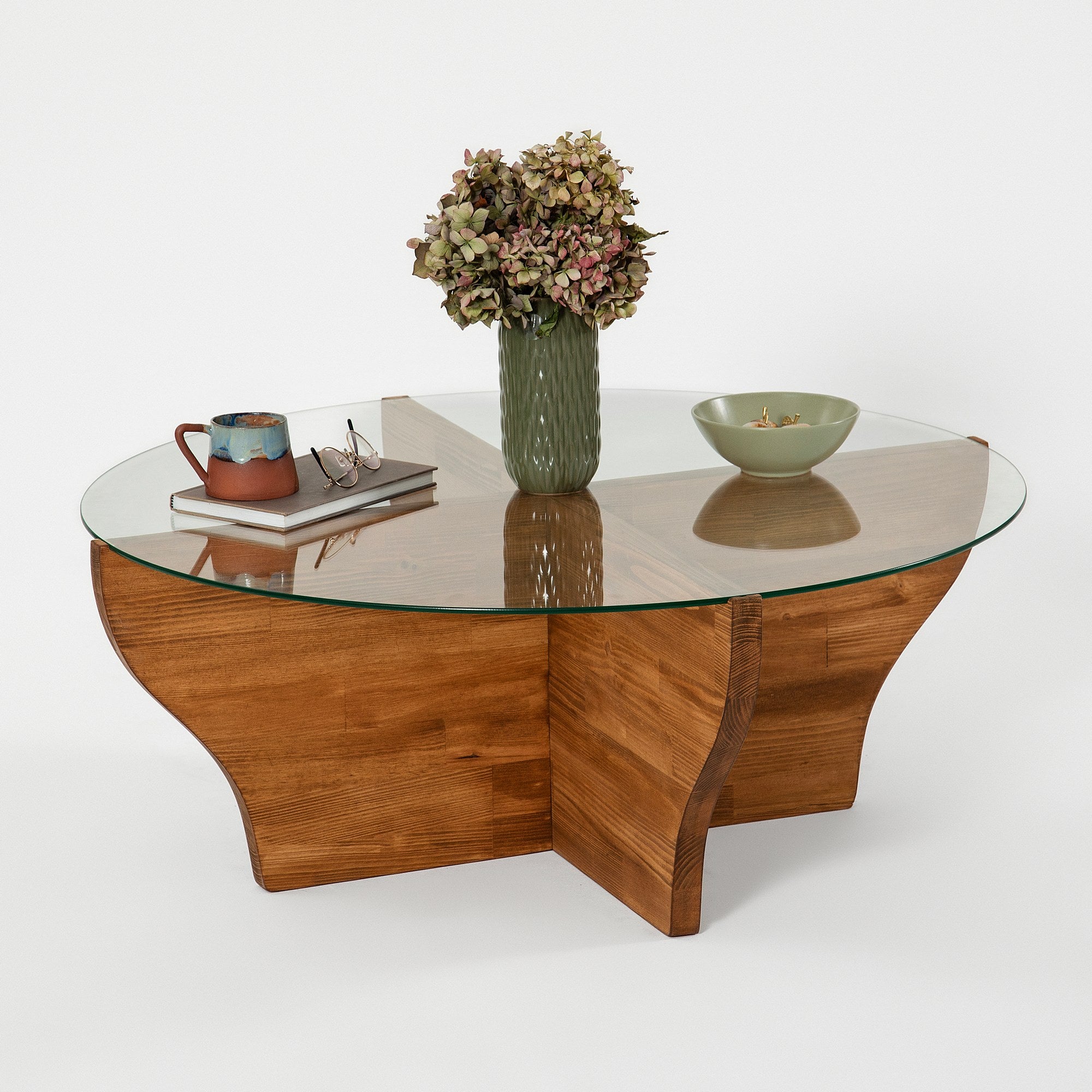 Mesa de Centro Elegante, Cor Castanha, 92 x 36 x 92 cm | Tampo 100% Vidro Temperado e Estrutura em Madeira Maciça de Pinho | Perfeita para Salas de Estar Modernas