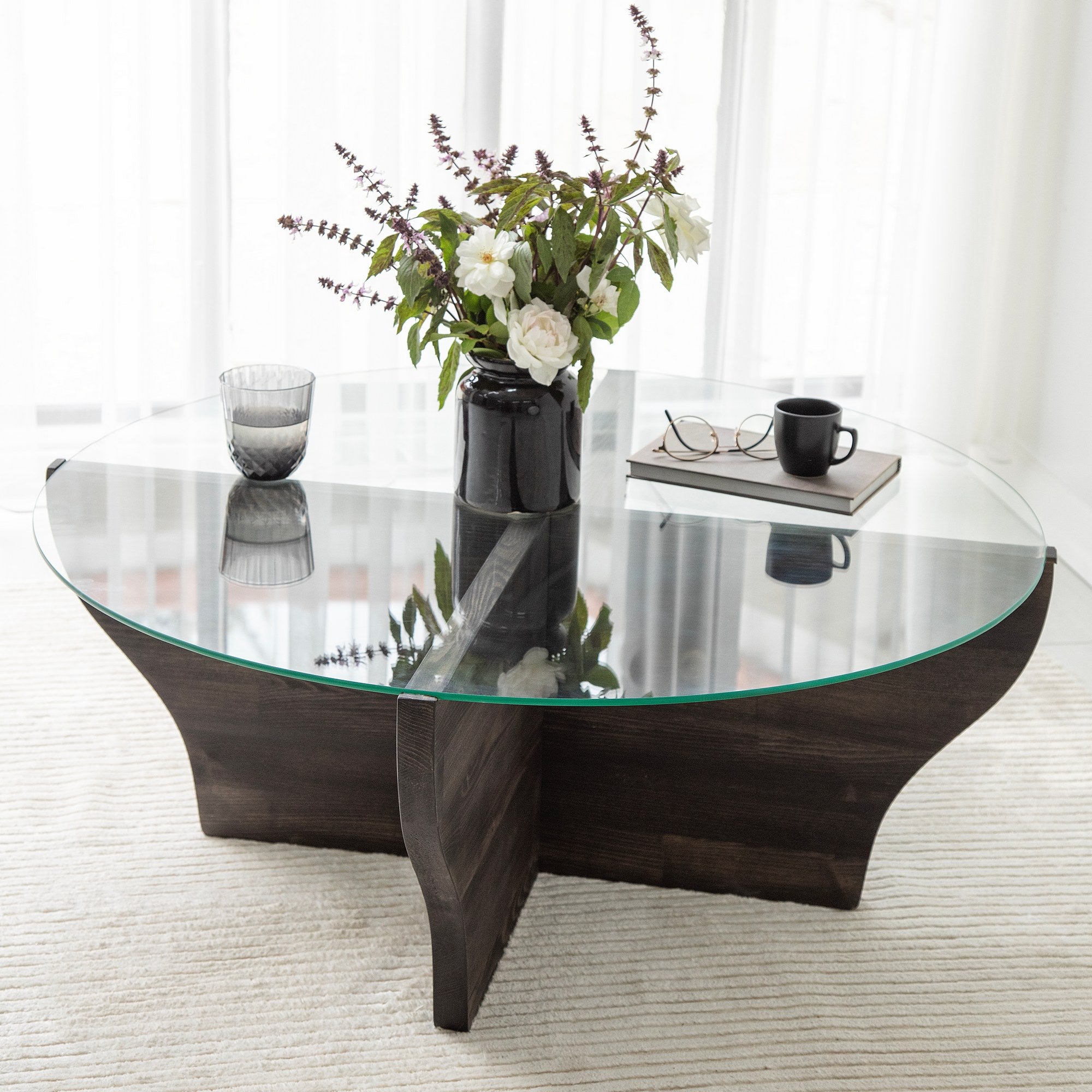 Mesa de Centro Elegante, 92 cm x 36 cm x 92 cm | Tampo 100% em Vidro Temperado e Estrutura em Madeira de Pinho Maciça | Design Elegante em Antracite para Espaços Modernos