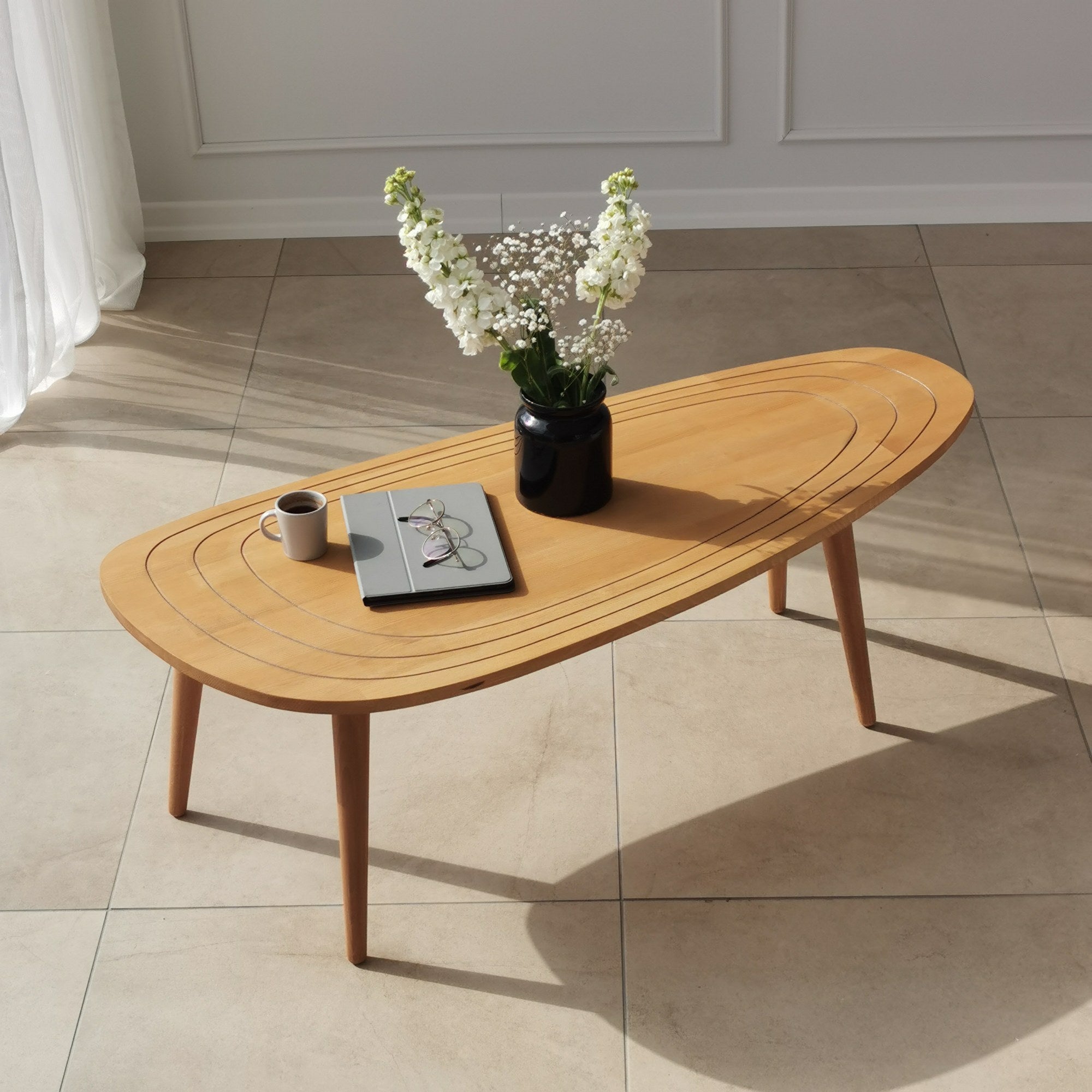 Mesa de Centro Elegante, Cor Teca, 115 x 38 x 50 cm | 100% Madeira de Pinho e Faia de Alta Qualidade | Perfeita para Salas de Estar Modernas e Espaços Aconchegantes