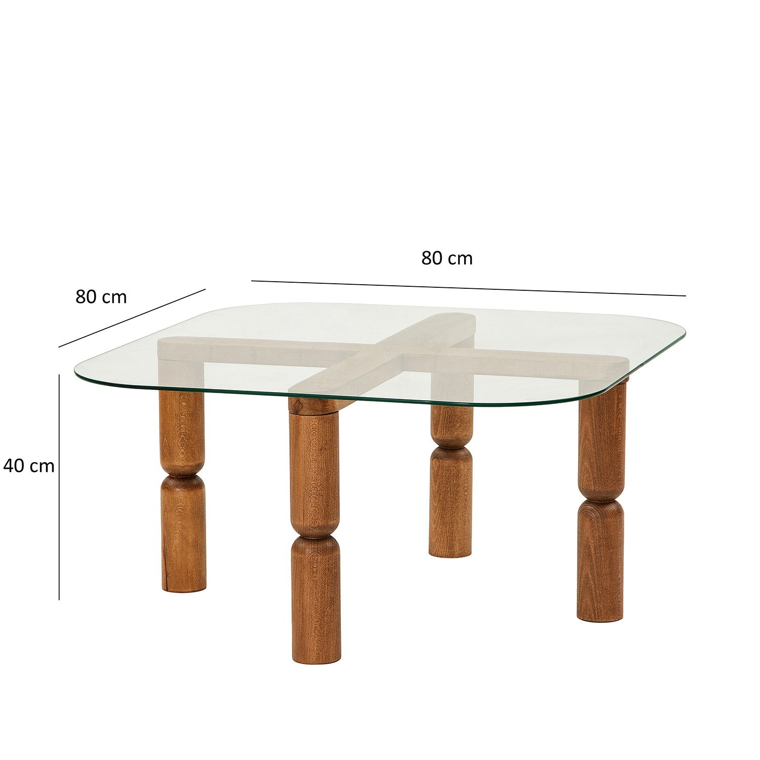 Mesa de Centro Elegante, Cor Nogueira, 80 x 40 x 80 cm | Tampo 100% Vidro Temperado, Estrutura 100% Madeira de Faia | Uma Adição Elegante para Salas de Estar Modernas