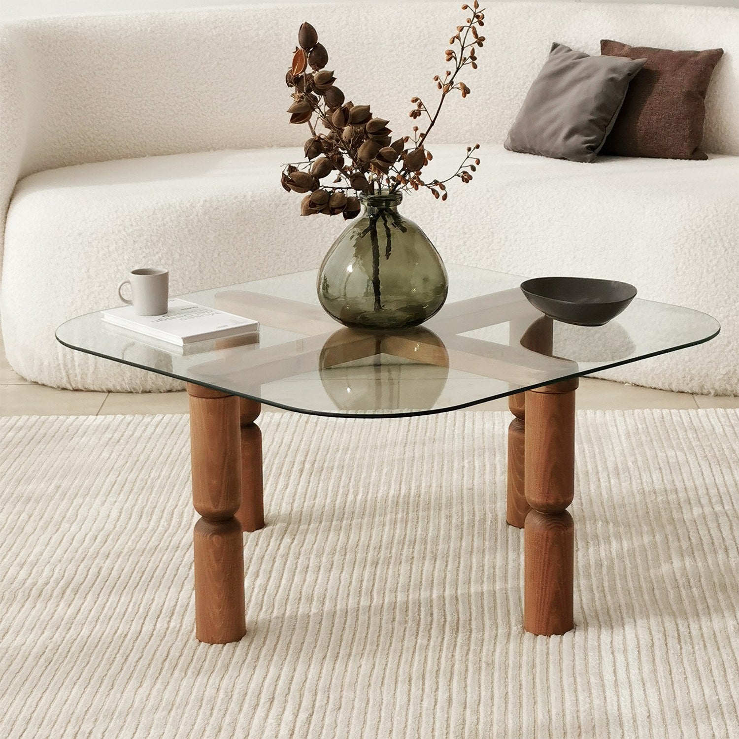 Mesa de Centro Elegante, Cor Nogueira, 80 x 40 x 80 cm | Tampo 100% Vidro Temperado, Estrutura 100% Madeira de Faia | Uma Adição Elegante para Salas de Estar Modernas