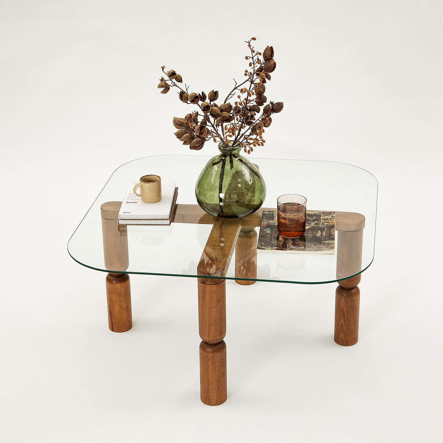 Mesa de Centro Elegante, Cor Nogueira, 80 x 40 x 80 cm | Tampo 100% Vidro Temperado, Estrutura 100% Madeira de Faia | Uma Adição Elegante para Salas de Estar Modernas