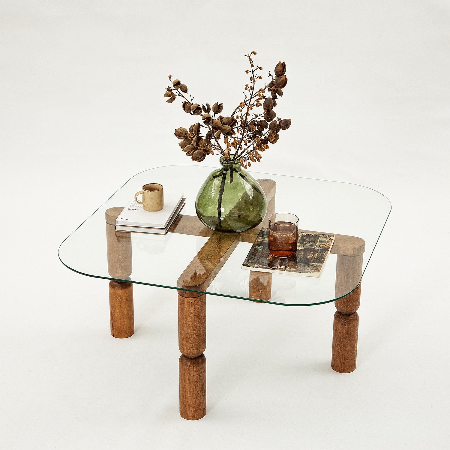 Mesa de Centro Elegante, Cor Nogueira, 80 x 40 x 80 cm | Tampo 100% Vidro Temperado, Estrutura 100% Madeira de Faia | Uma Adição Elegante para Salas de Estar Modernas