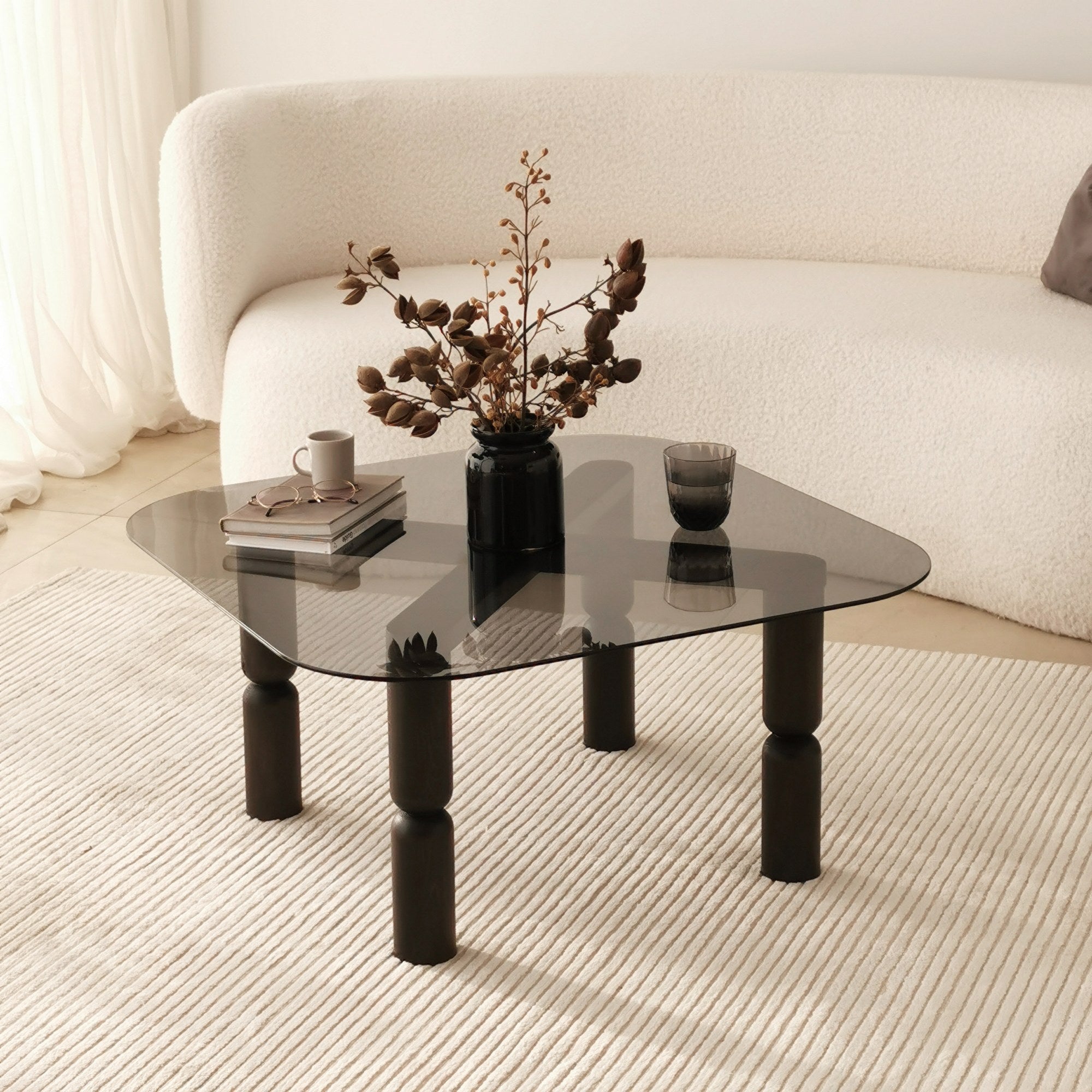 Mesa de centro elegante, 80 cm x 40 cm x 80 cm | Estrutura 100% em vidro temperado e madeira de faia | Cores elegantes em antracite e fumê, perfeita para ambientes modernos
