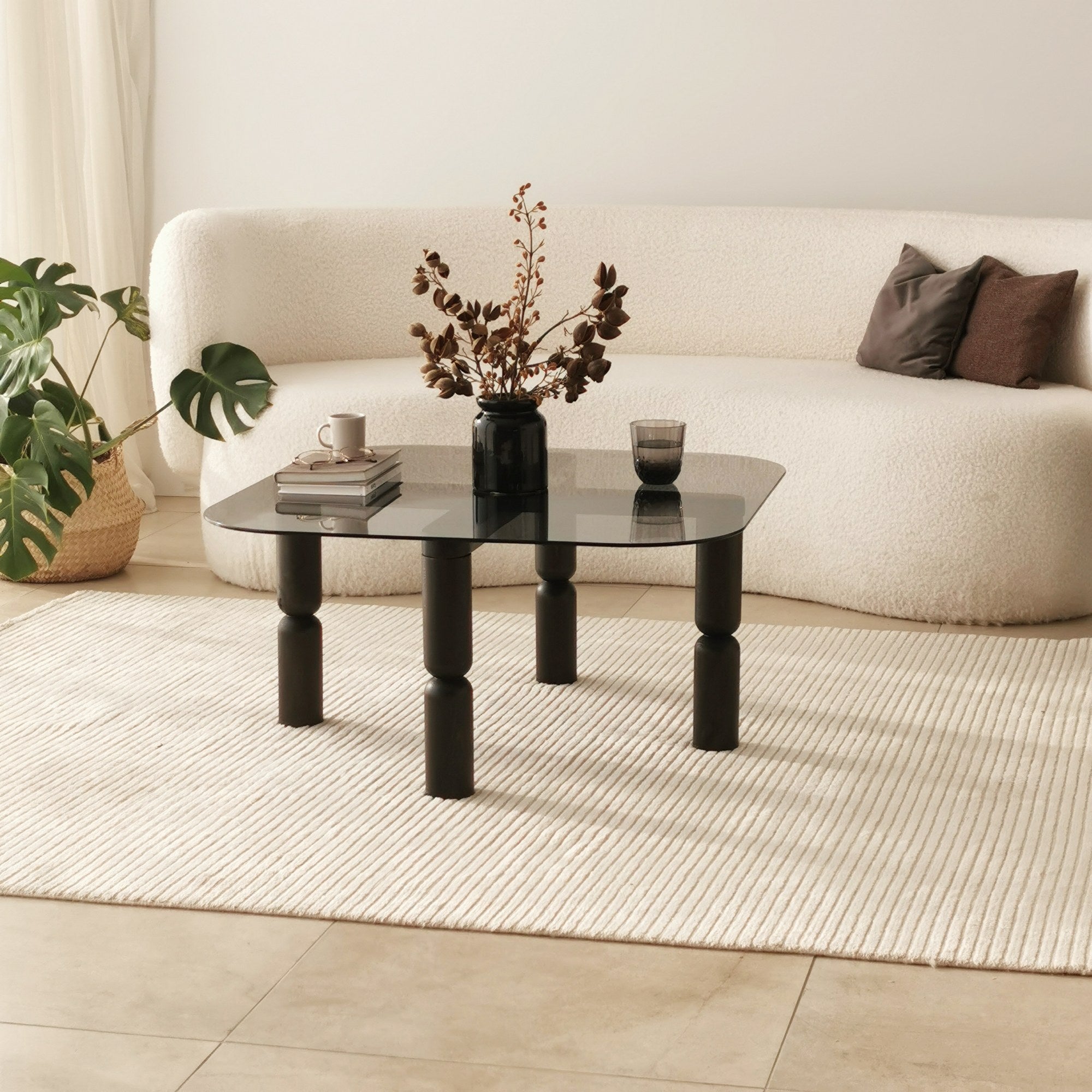 Mesa de centro elegante, 80 cm x 40 cm x 80 cm | Estrutura 100% em vidro temperado e madeira de faia | Cores elegantes em antracite e fumê, perfeita para ambientes modernos