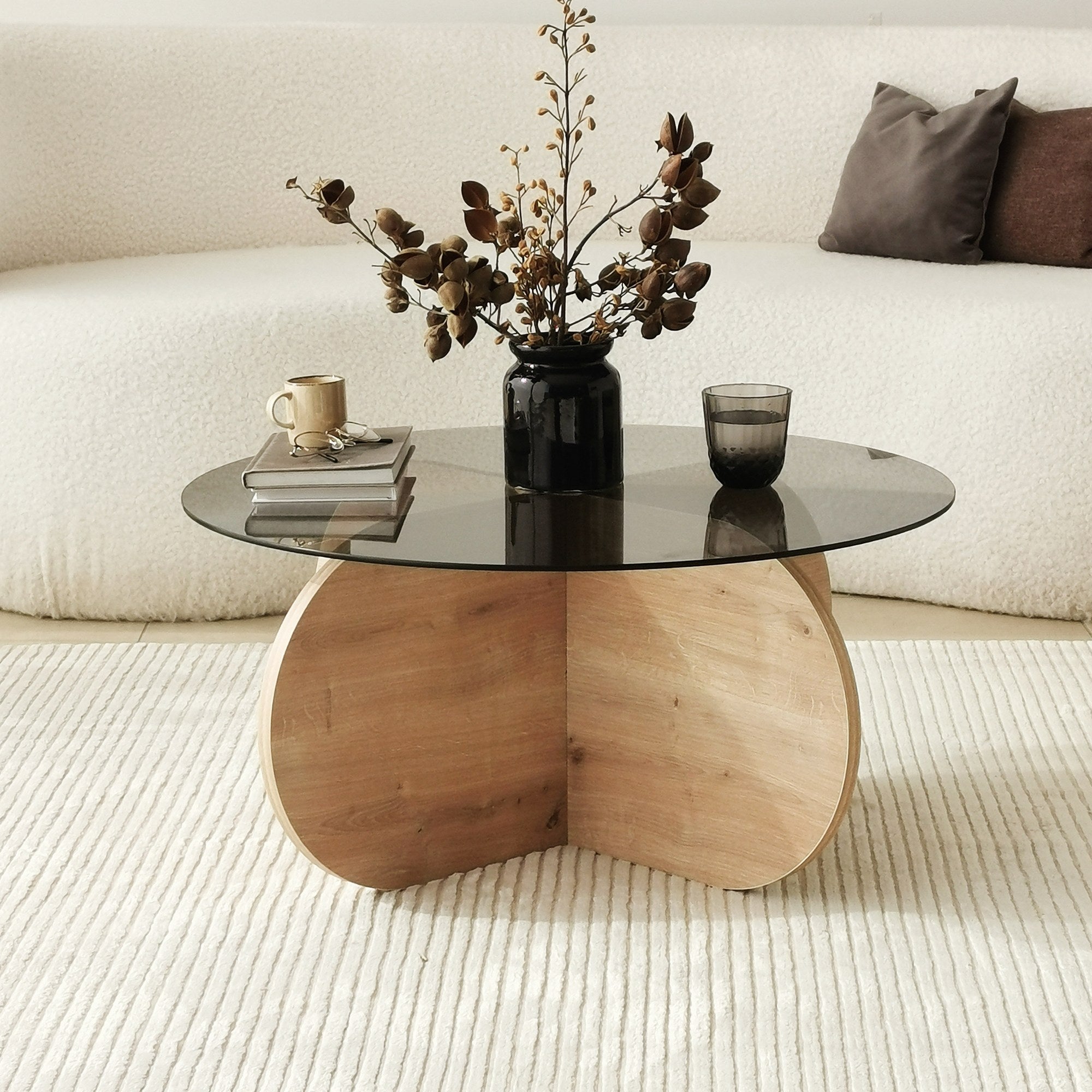 Mesa de Centro Elegante, 75 x 35 x 75 cm | 100% Vidro Temperado e Aglomerado Revestido em Melamina | Cores Carvalho e Fumê | Design Moderno para Sala de Estar e Escritório