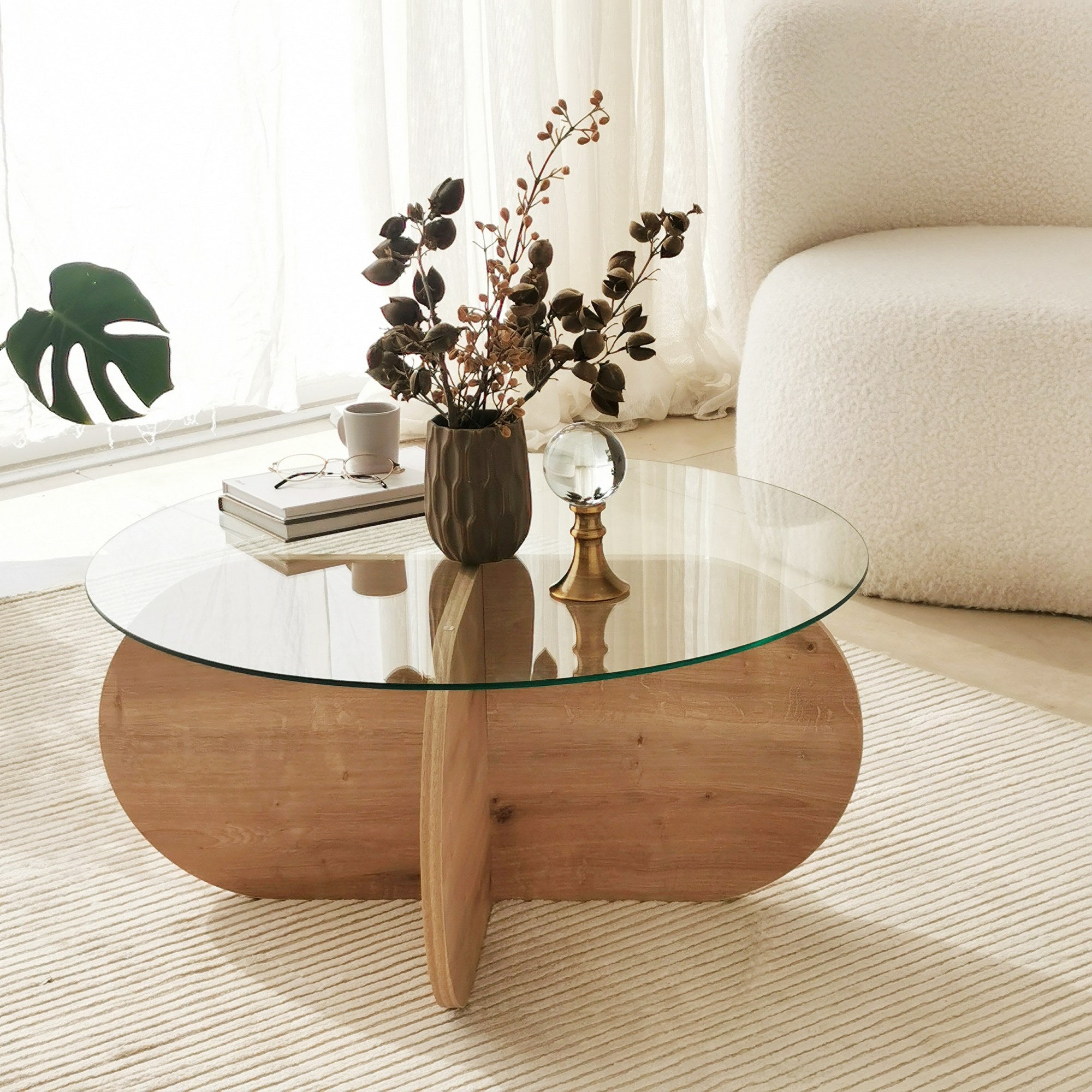 Mesa de Centro em Carvalho Safira, 75 x 35 x 75 cm | Tampo 100% em Vidro Temperado, Estrutura com Revestimento em Melamina de 18 mm | Elegante e Durável para Espaços Modernos