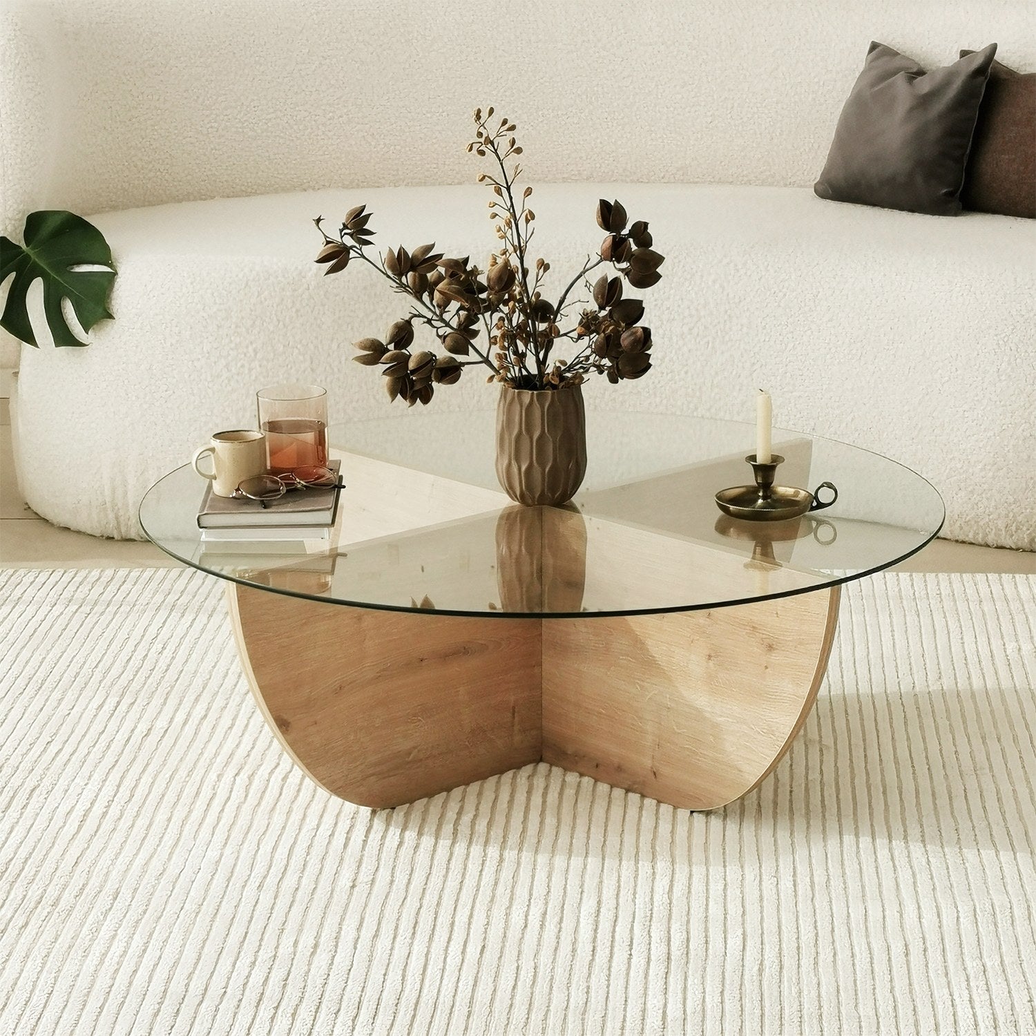 Mesa de Centro em Carvalho Safira, 90 x 30 x 90 cm | Tampo 100% em Vidro Temperado, Estrutura com Revestimento em Melamina de 18 mm | Elegante e Durável para Espaços Modernos