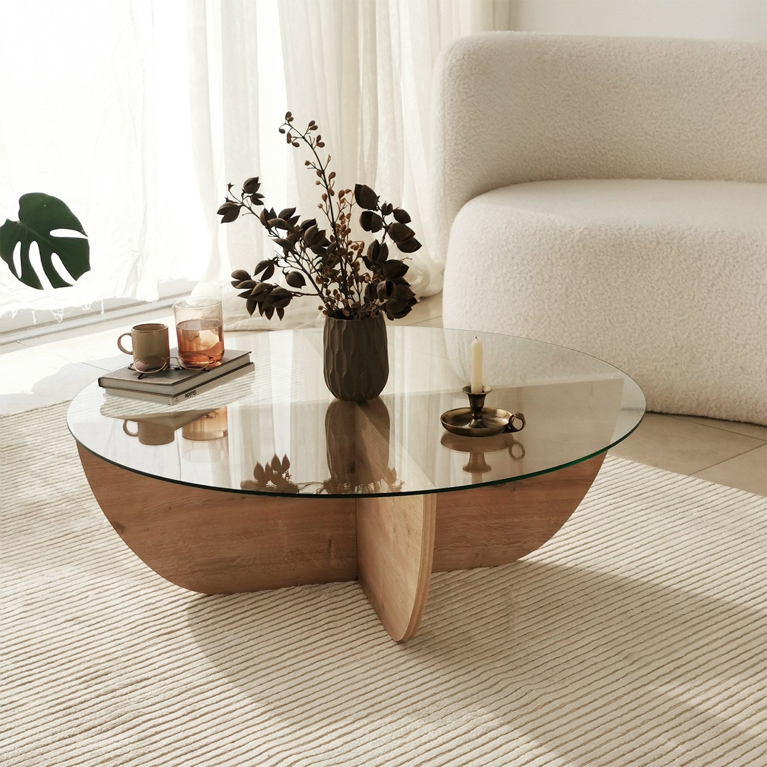 Mesa de Centro em Carvalho Safira, 90 x 30 x 90 cm | Tampo 100% em Vidro Temperado, Estrutura com Revestimento em Melamina de 18 mm | Elegante e Durável para Espaços Modernos