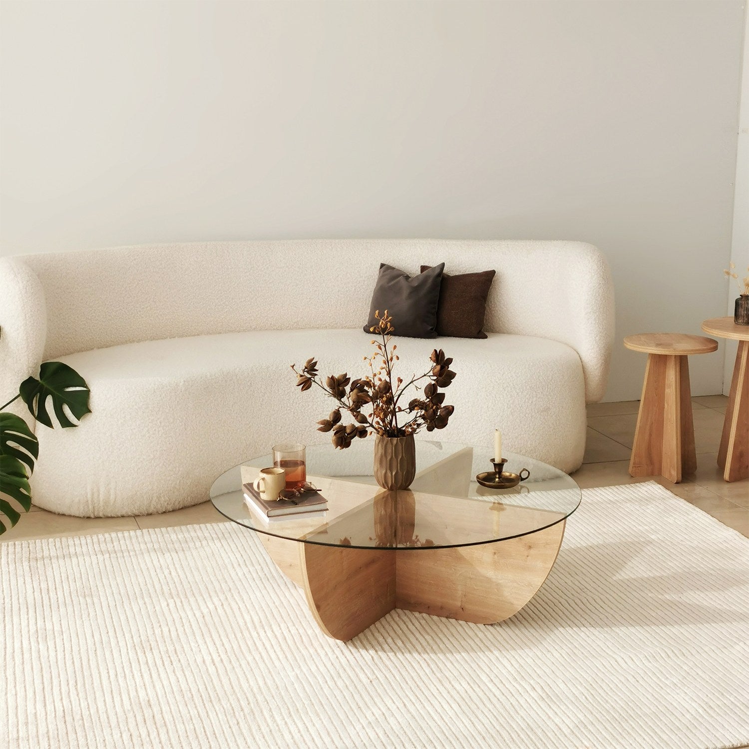 Mesa de Centro em Carvalho Safira, 90 x 30 x 90 cm | Tampo 100% em Vidro Temperado, Estrutura com Revestimento em Melamina de 18 mm | Elegante e Durável para Espaços Modernos