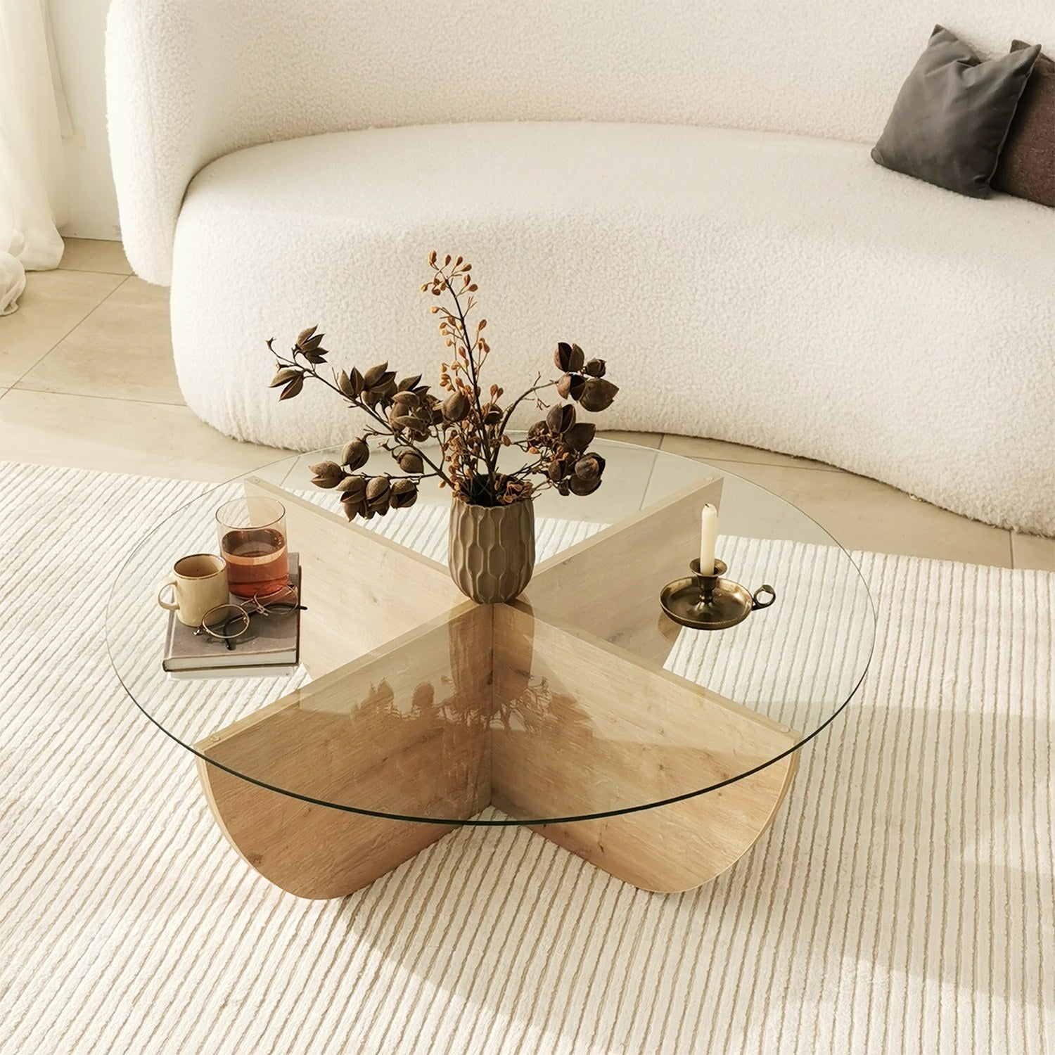 Mesa de Centro em Carvalho Safira, 90 x 30 x 90 cm | Tampo 100% em Vidro Temperado, Estrutura com Revestimento em Melamina de 18 mm | Elegante e Durável para Espaços Modernos